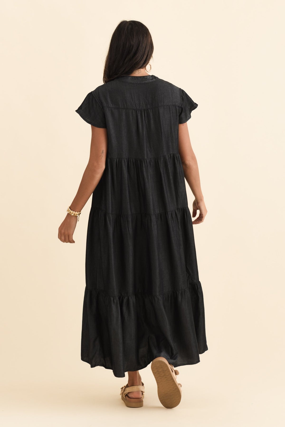 Oxford Blue Tencel Tier Dress Side View