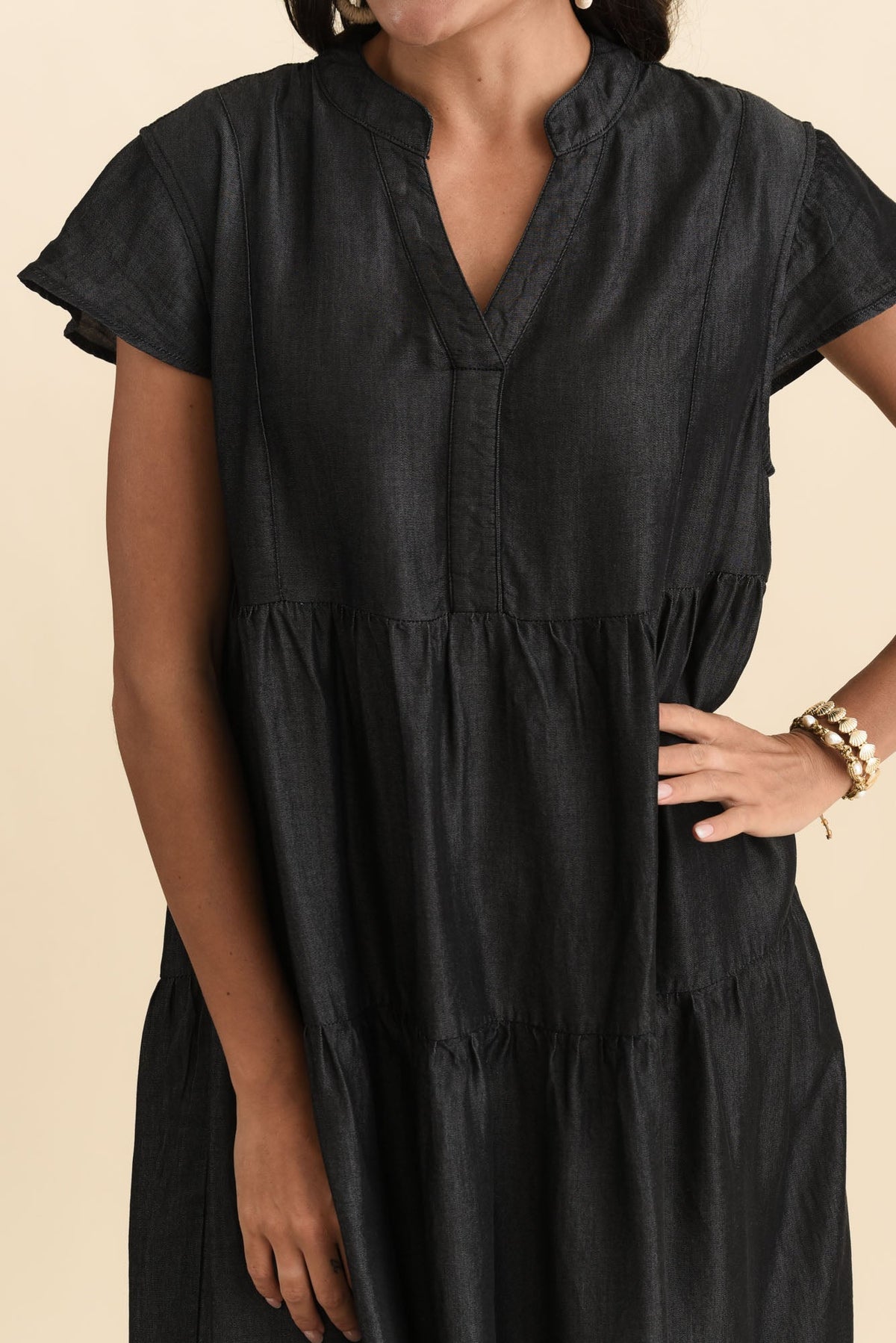 Oxford Blue Tencel Tier Dress Detail View
