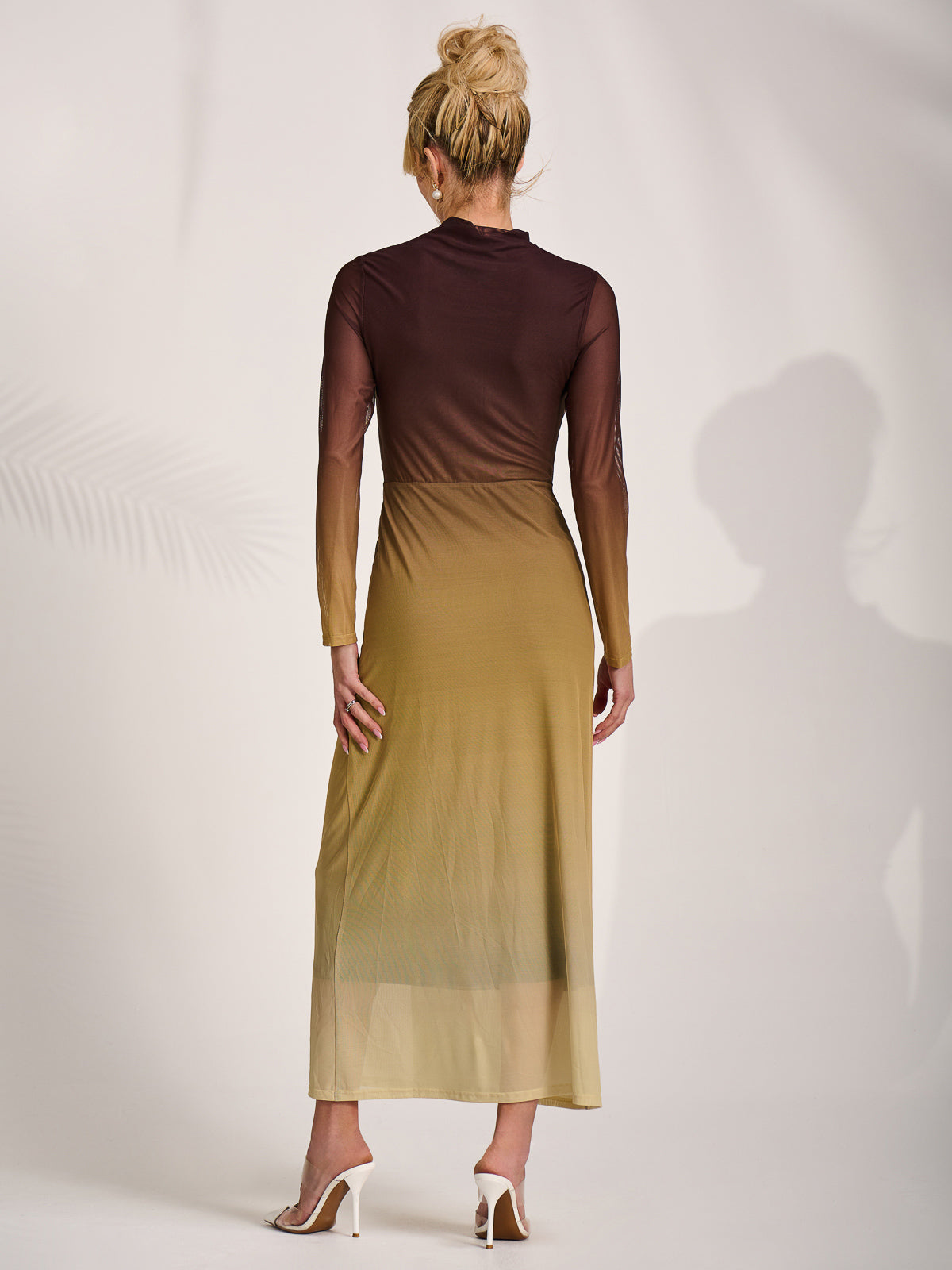 Petite Long Sleeve Mesh Maxi Dress Back View