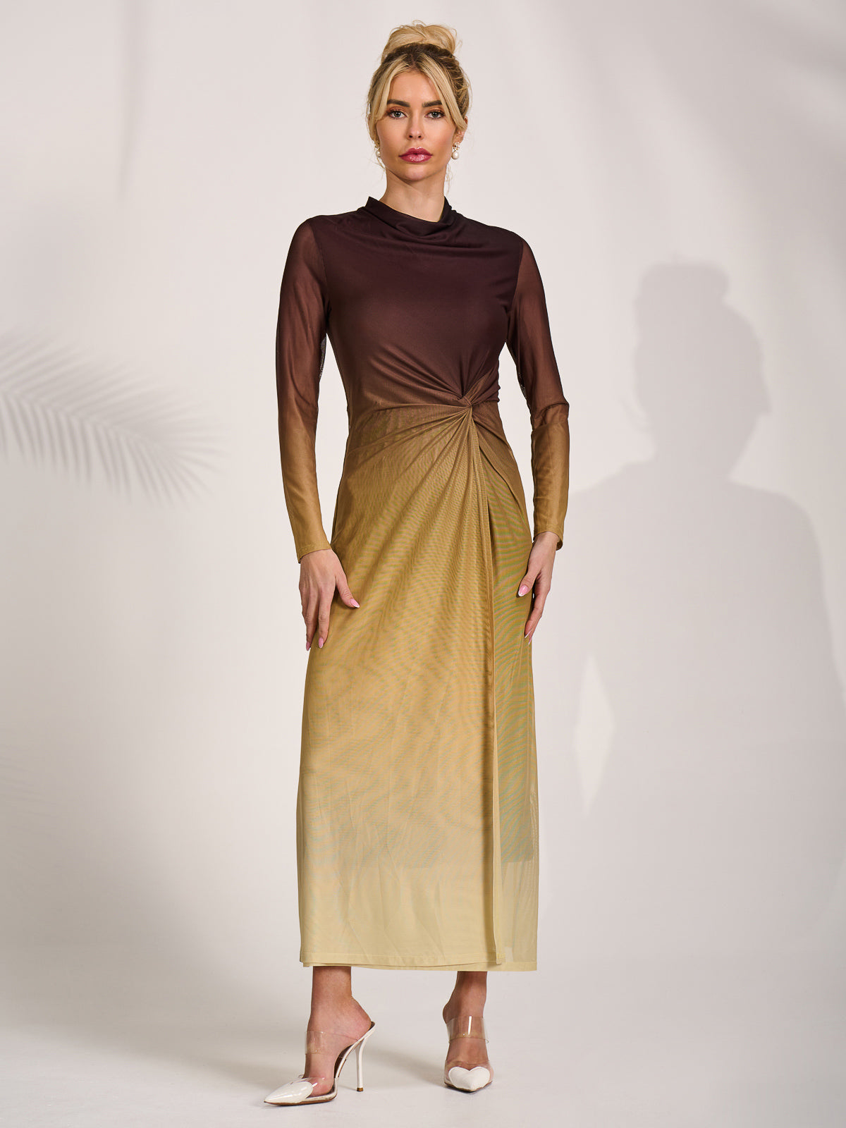 Petite Long Sleeve Mesh Maxi Dress Front View 2