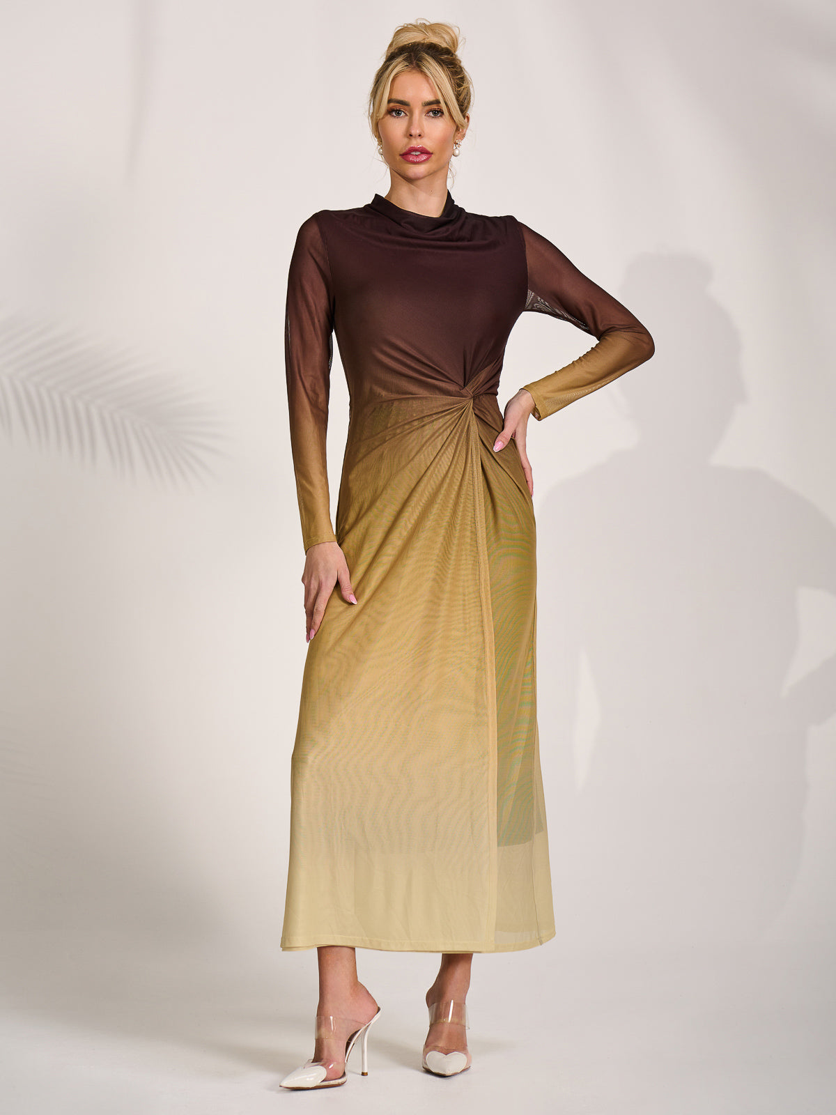 Petite Long Sleeve Mesh Maxi Dress Detail View