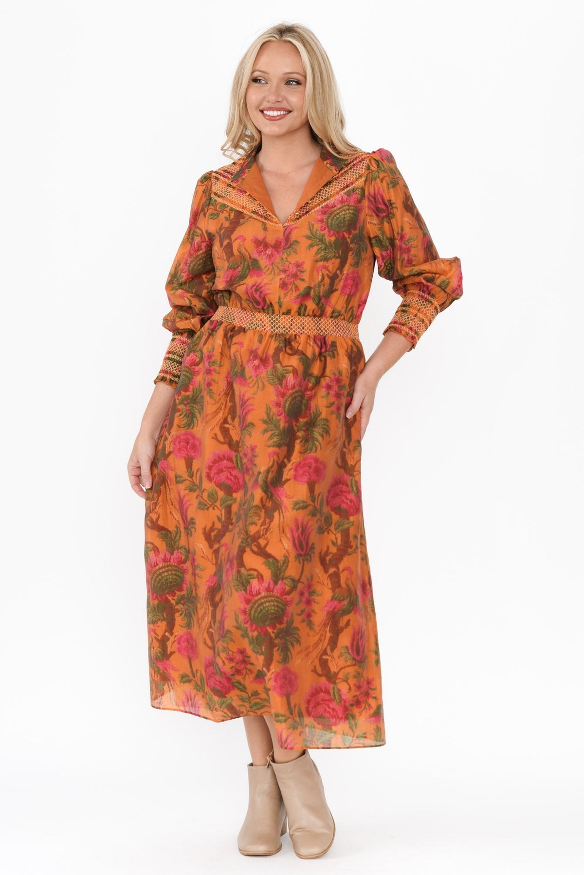 Panama Orange Floral Button Dress Full Length View