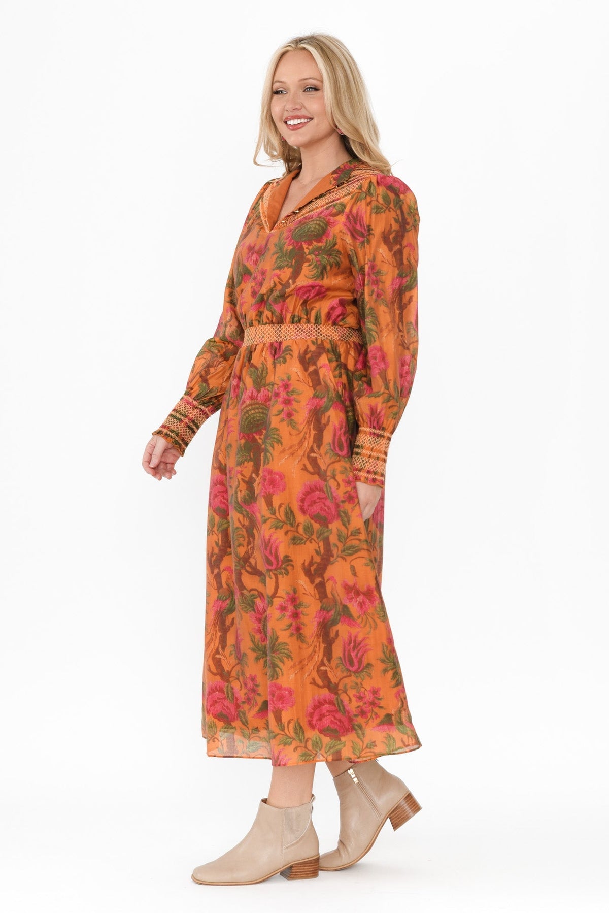 Panama Orange Floral Button Dress Back View