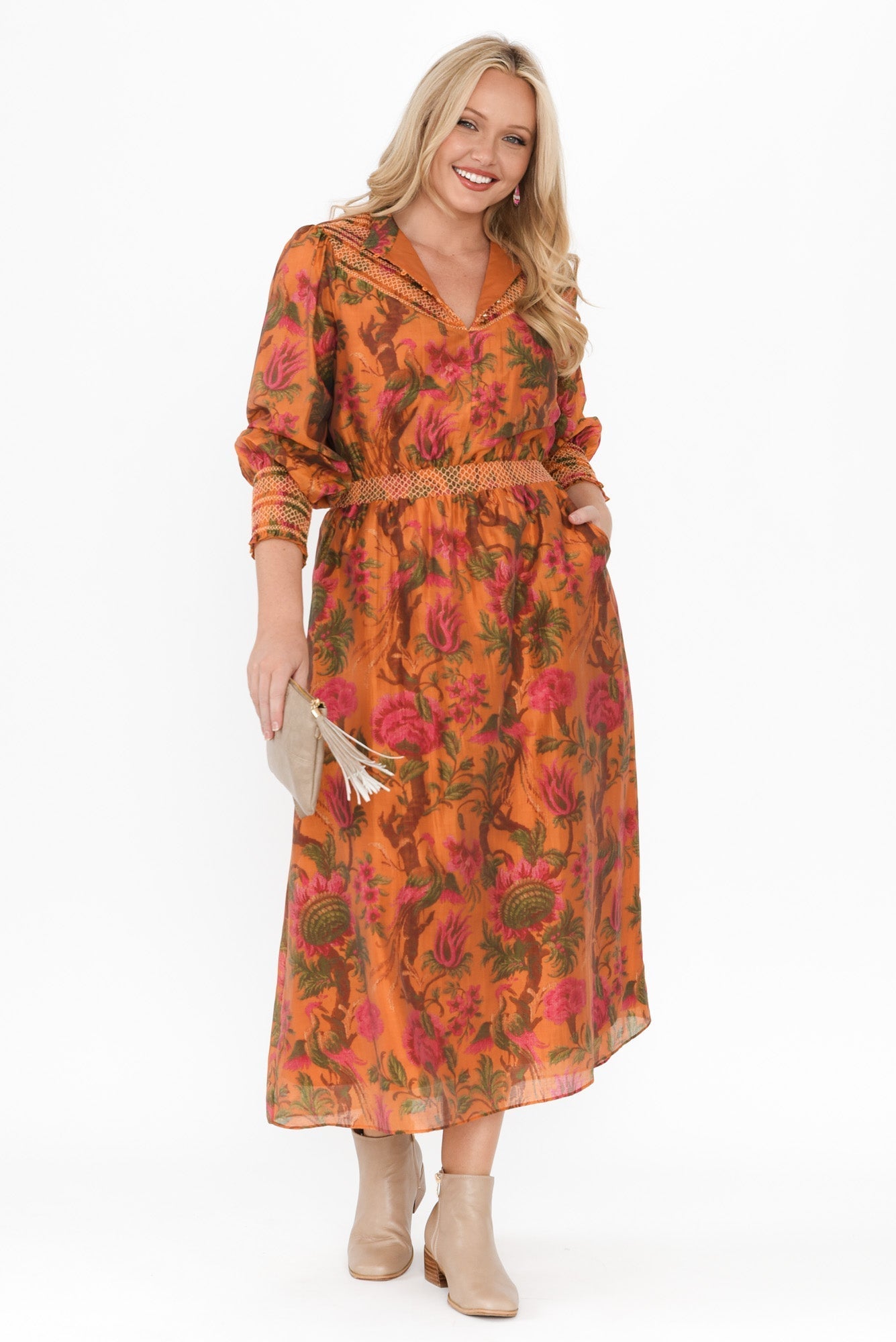 Panama Orange Floral Button Dress Front View 2
