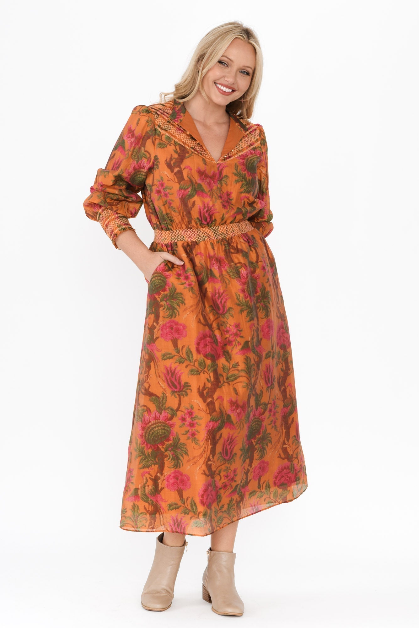 Panama Orange Floral Button Dress Front View