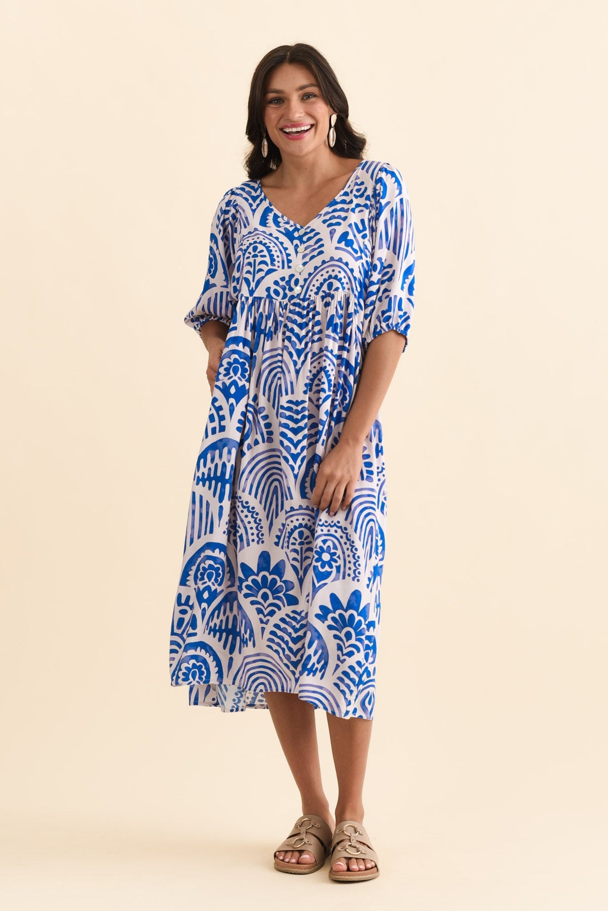 Pansy Blue Abstract Pocket Dress Full Length View