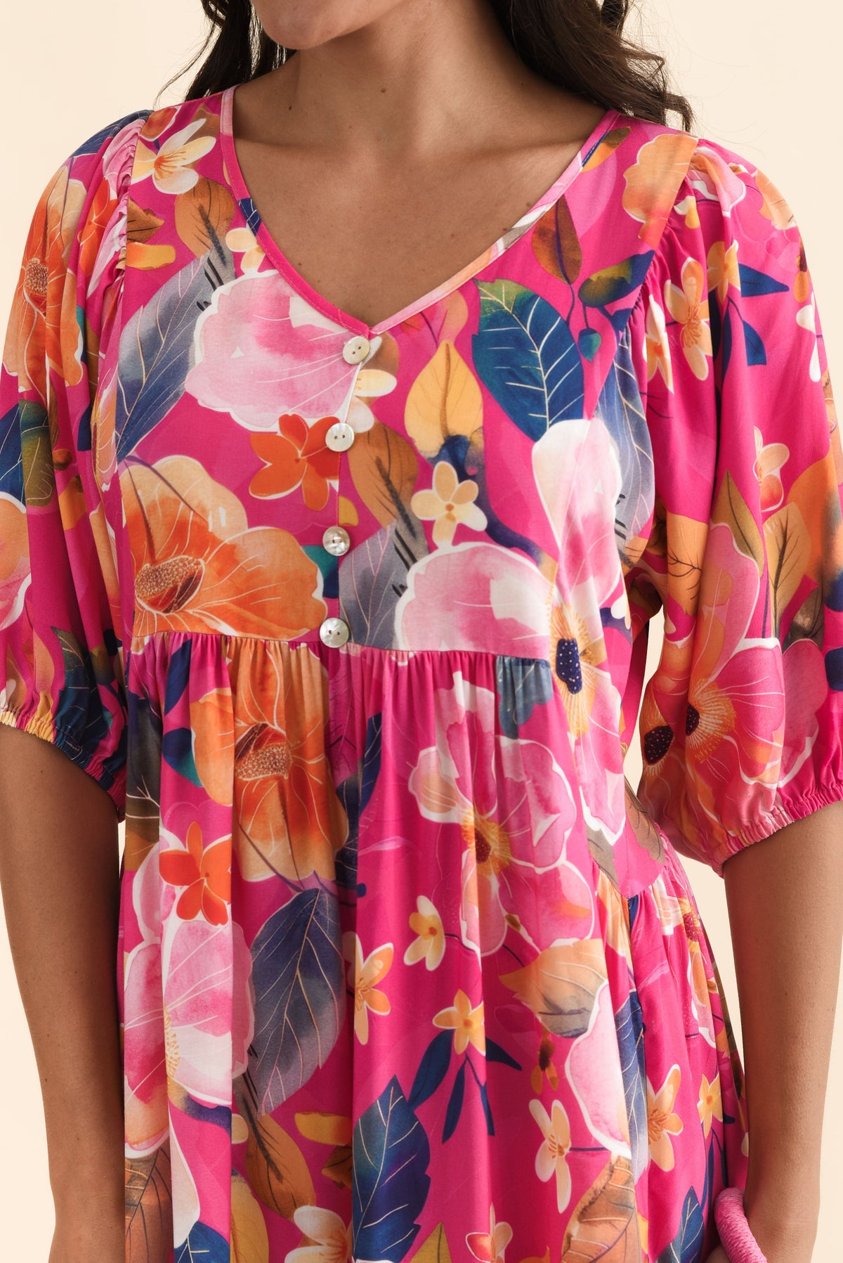 Pansy Pink Floral Pocket Dress Detail View