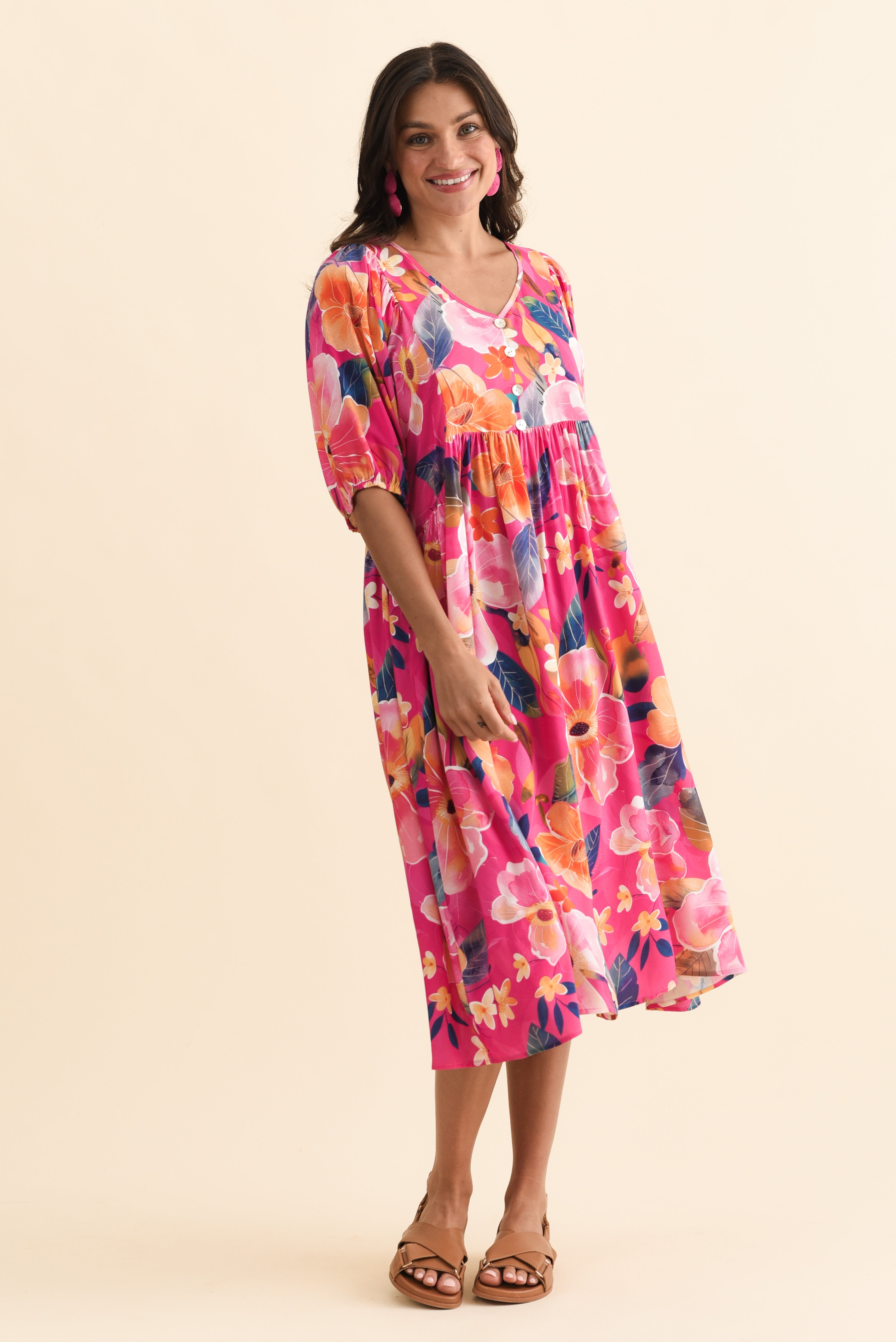Pansy Pink Floral Pocket Dress Front View