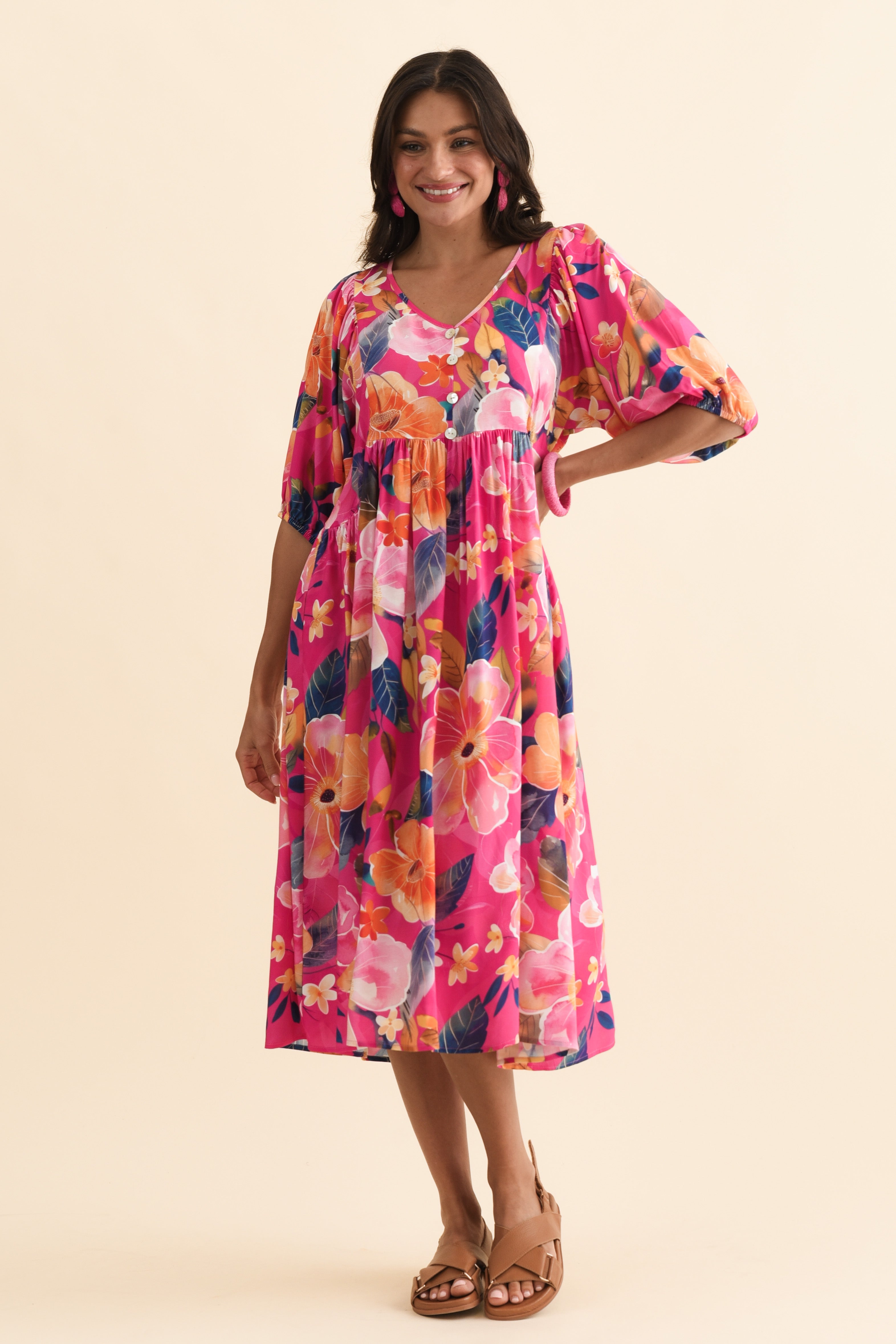 Pansy Pink Floral Pocket Dress Front View 2