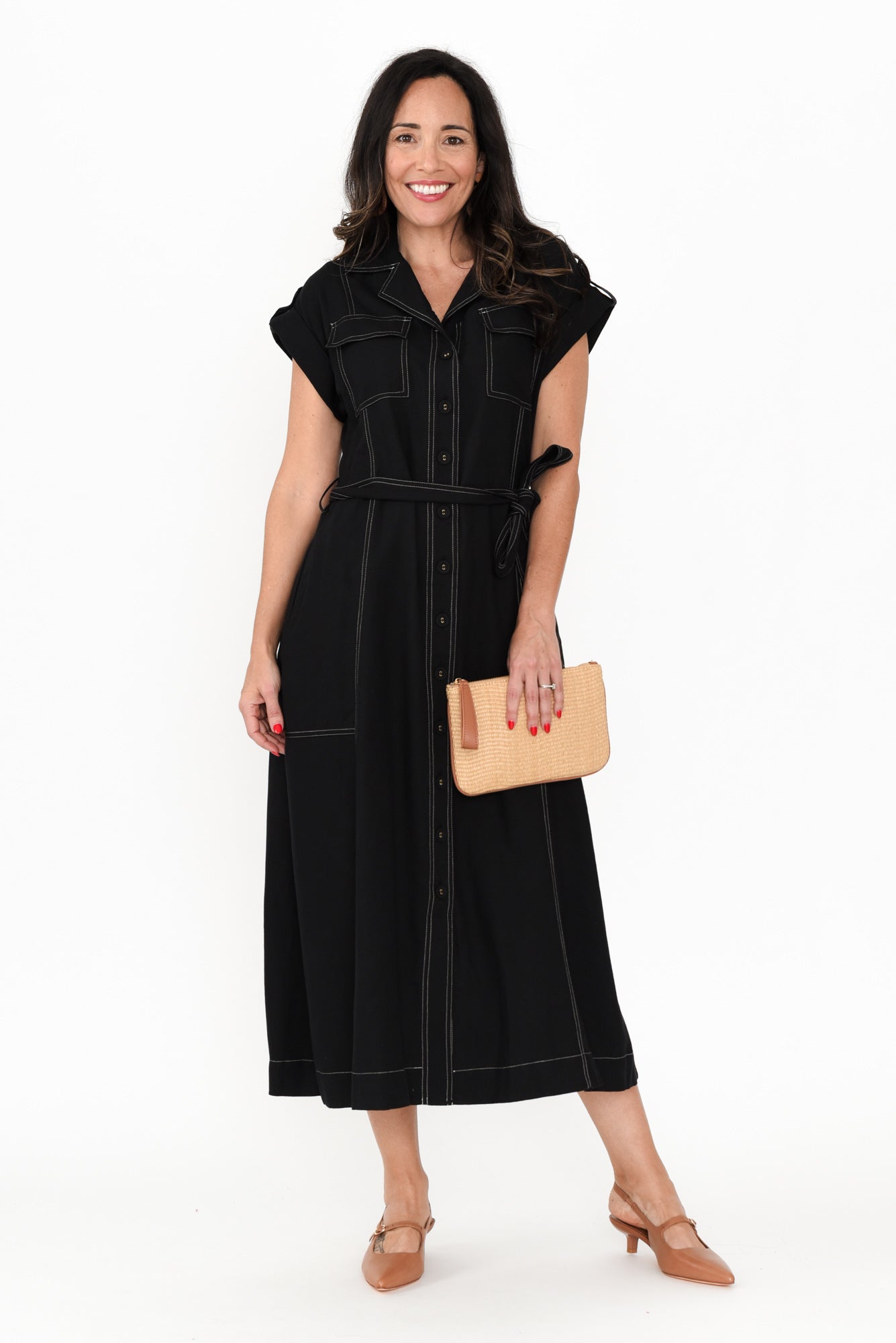 Patricia Black Cotton Blend Tie Dress Front View 2