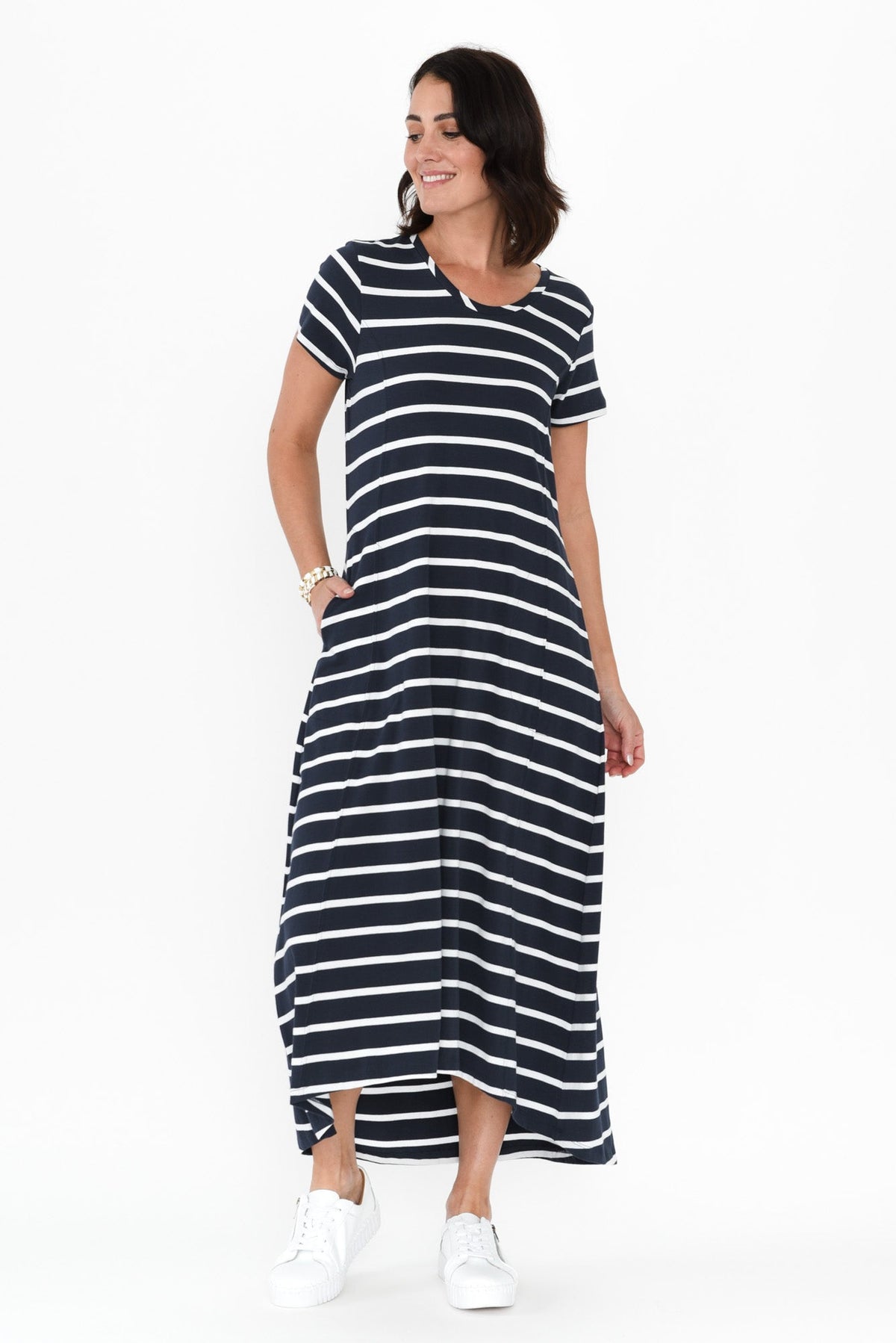 Patrick Indigo Stripe Cotton Pocket Dress Full Length View