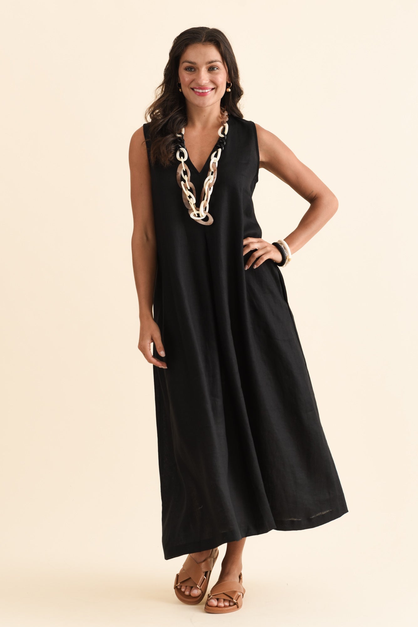 Phoebe Black Linen Midi Dress Front View 2