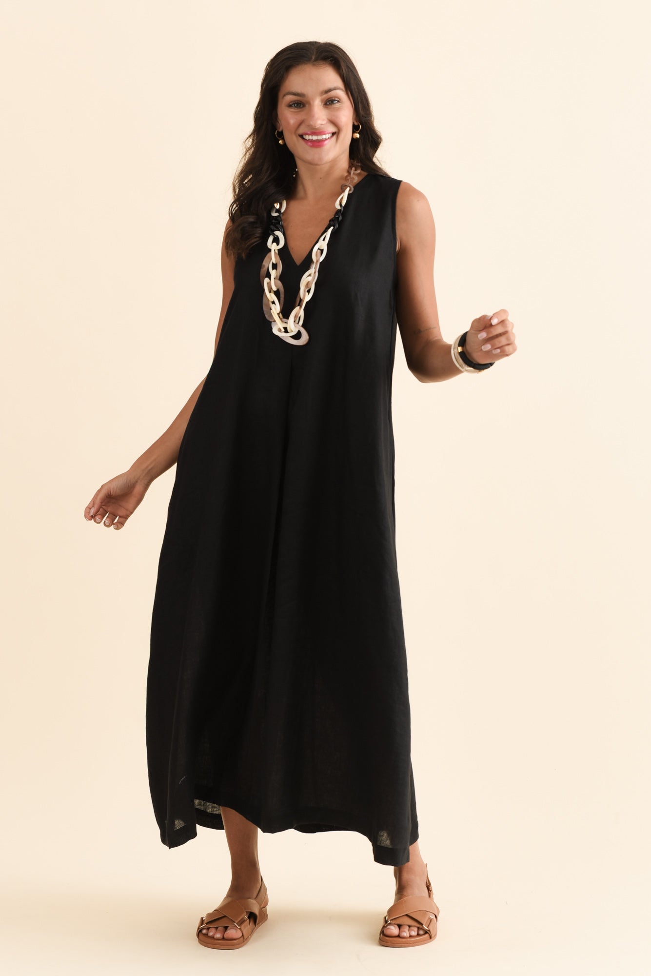 Phoebe Black Linen Midi Dress Front View