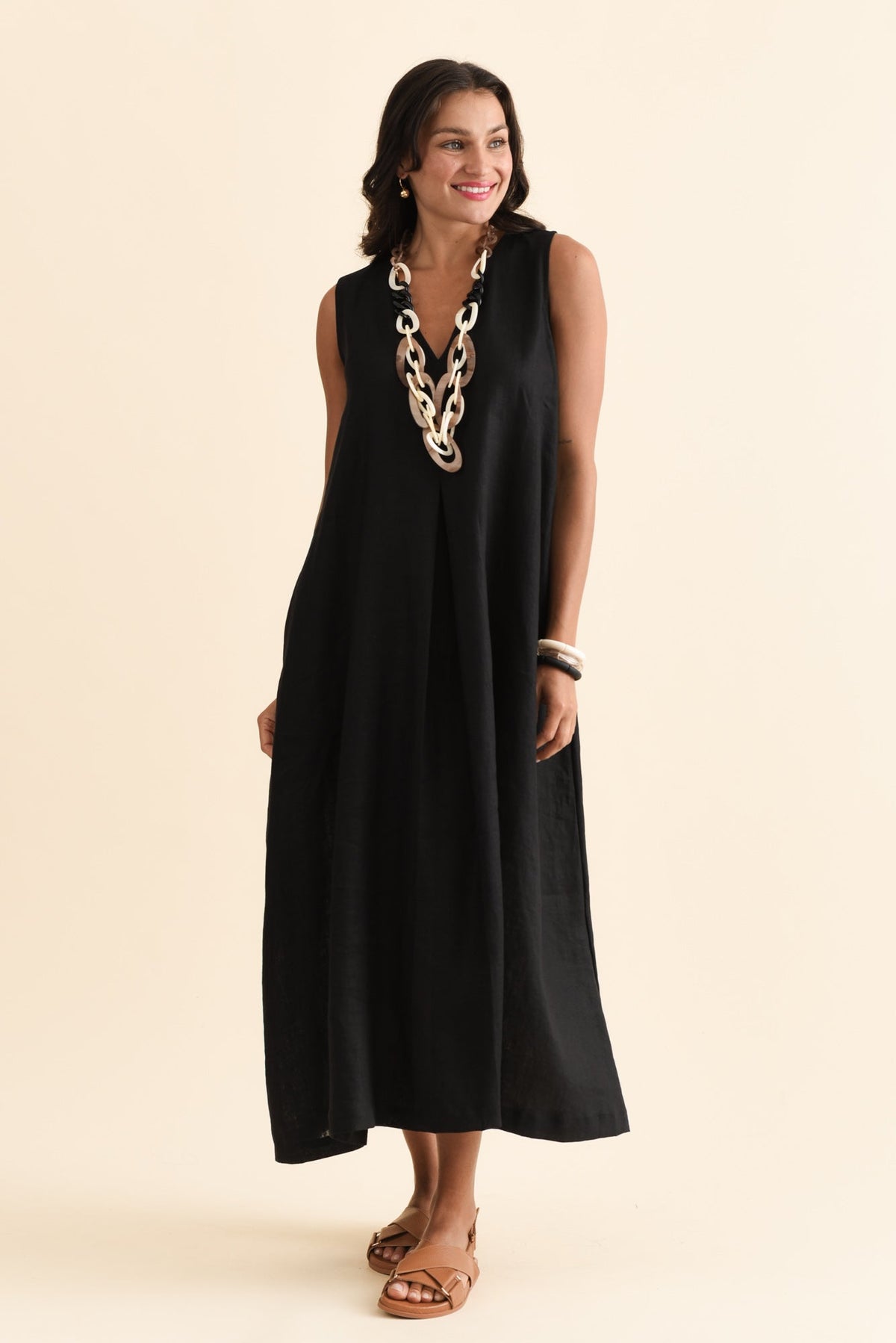 Phoebe Black Linen Midi Dress Full Length View