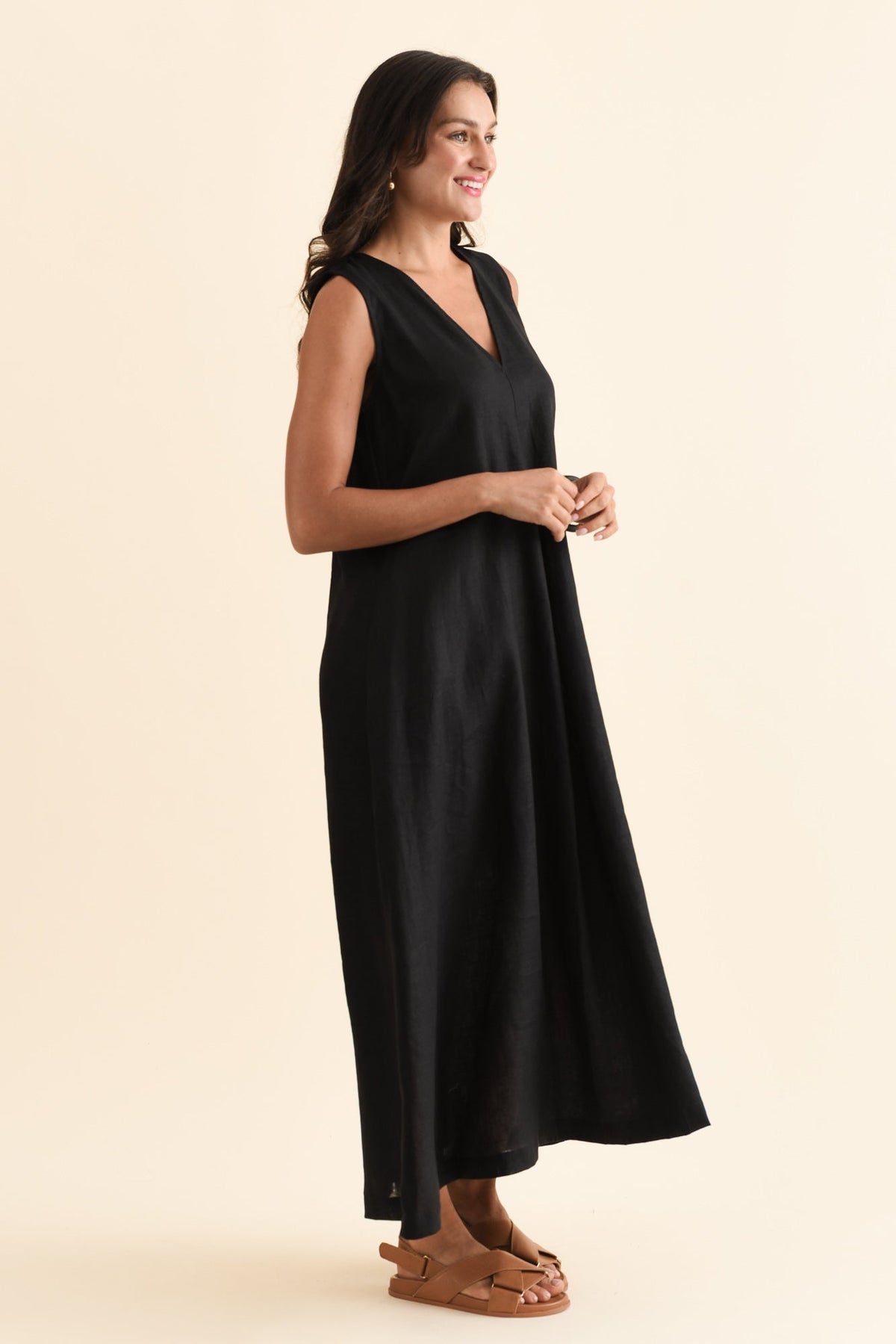Phoebe Black Linen Midi Dress Back View