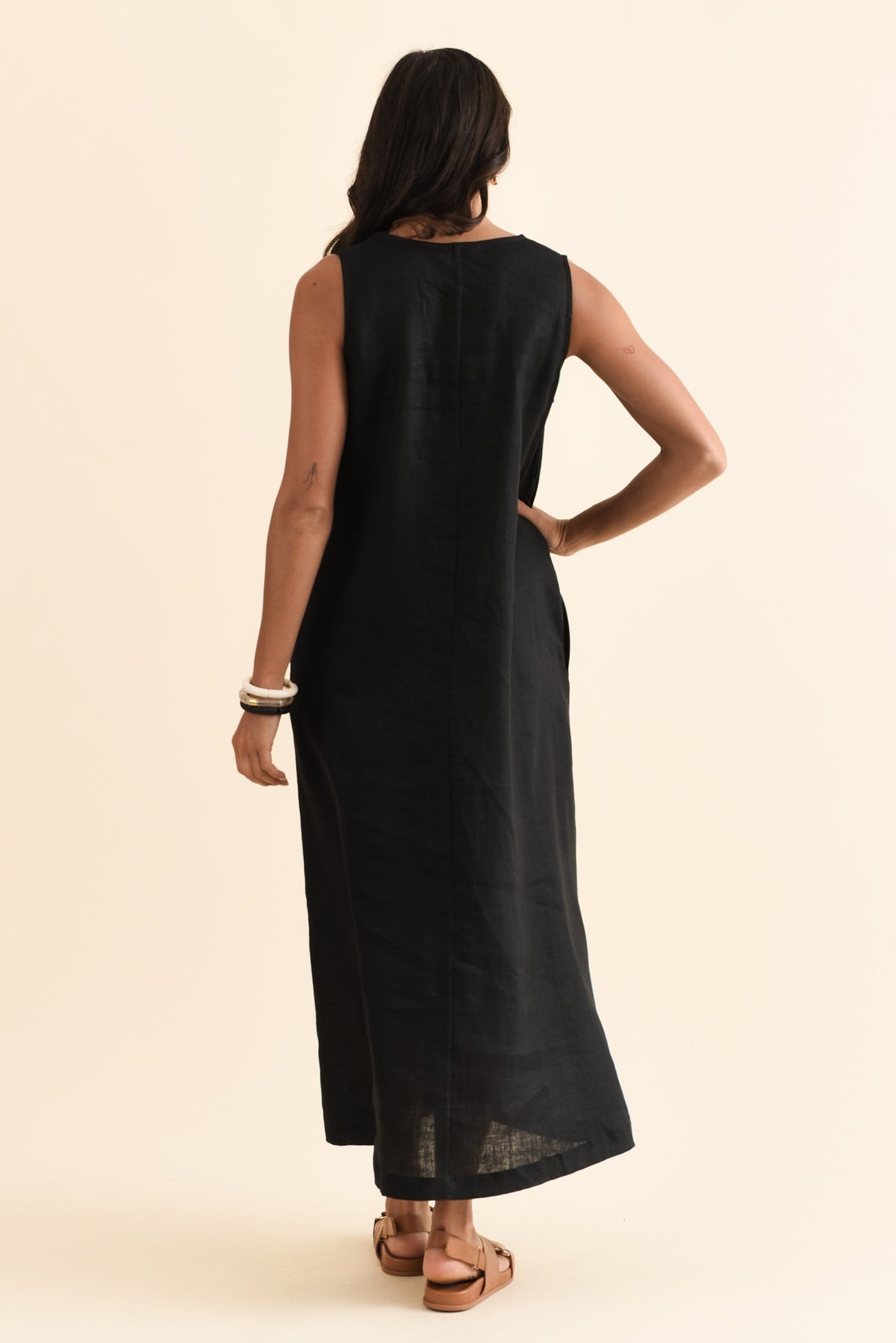 Phoebe Black Linen Midi Dress Side View