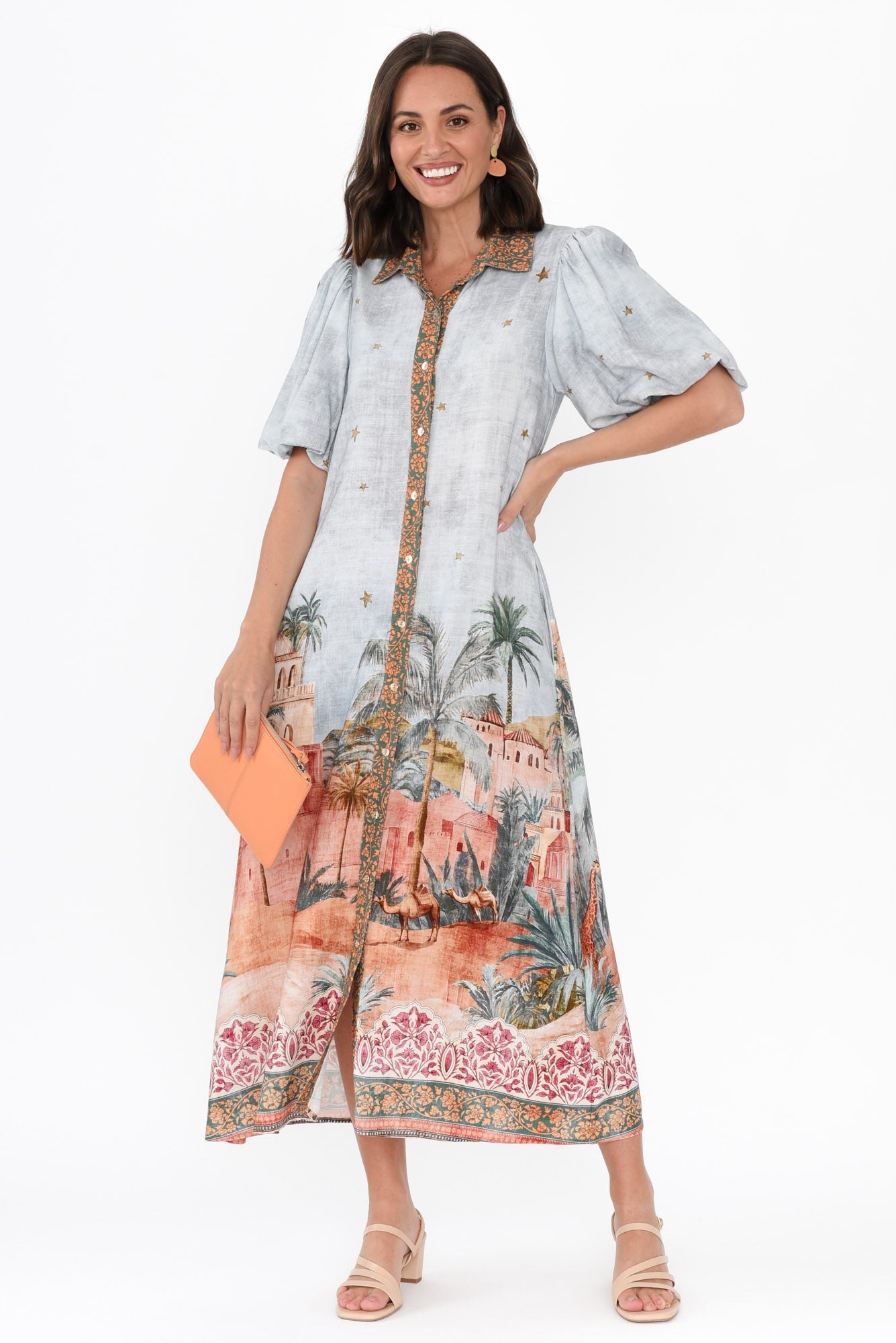 Piper Blue Palm Shirt Dress Front View