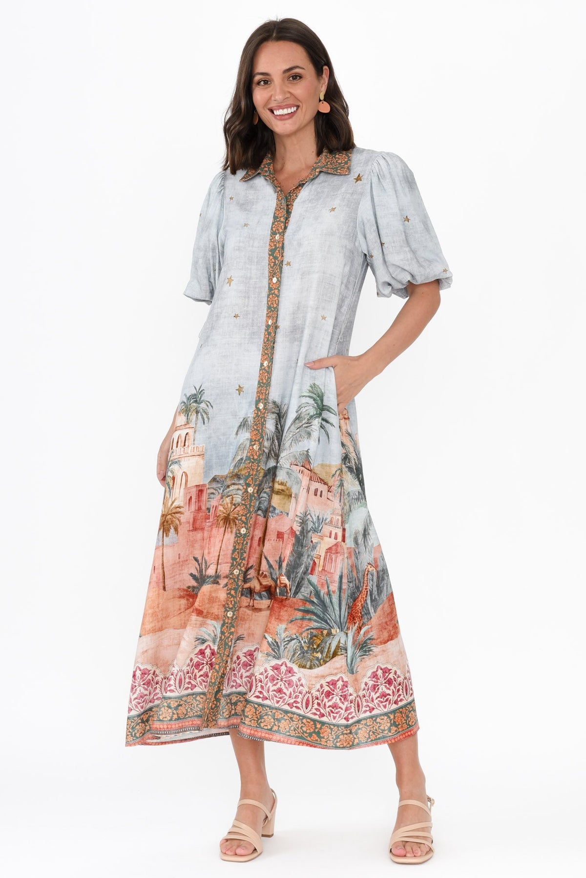 Piper Blue Palm Shirt Dress Full Length View