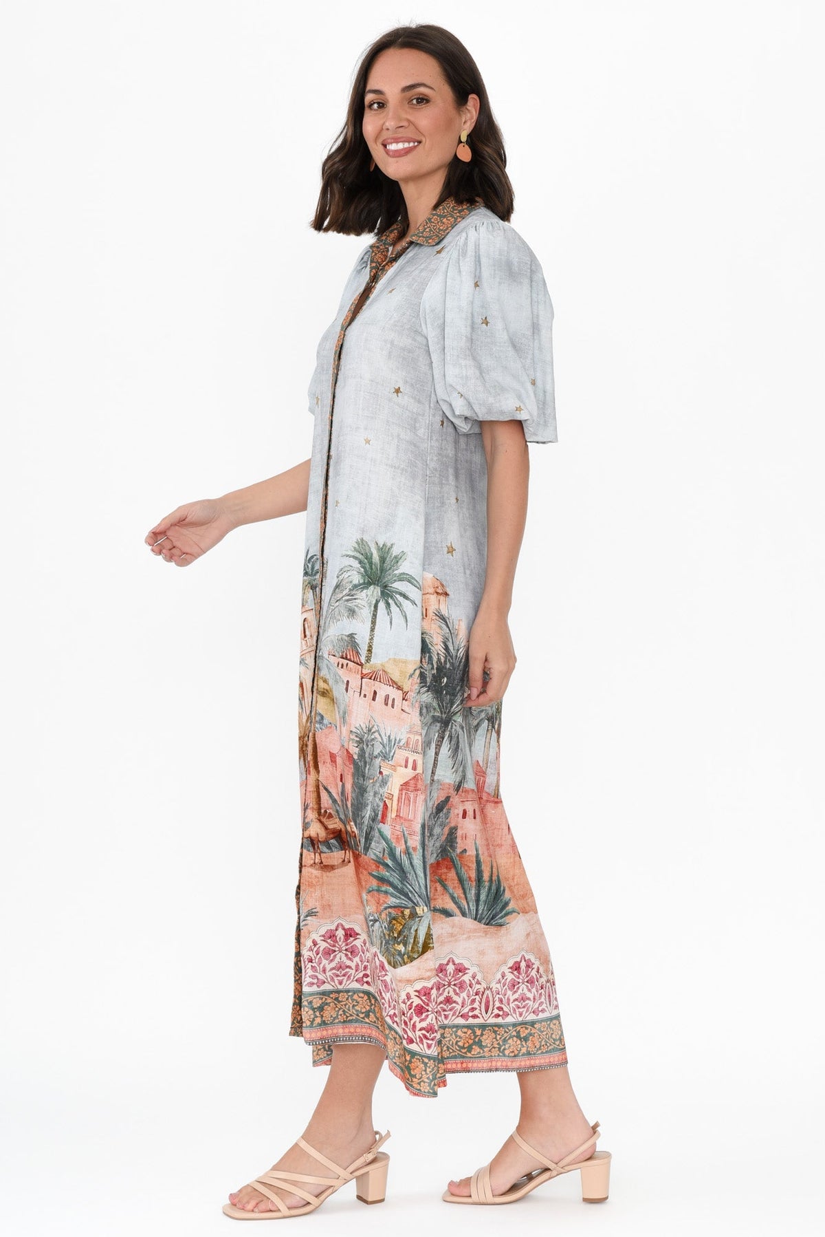 Piper Blue Palm Shirt Dress Back View