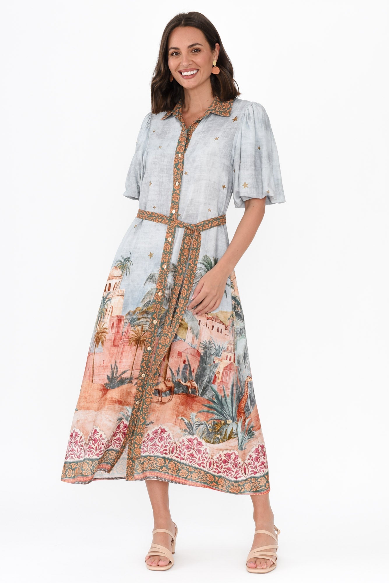 Piper Blue Palm Shirt Dress Front View 2