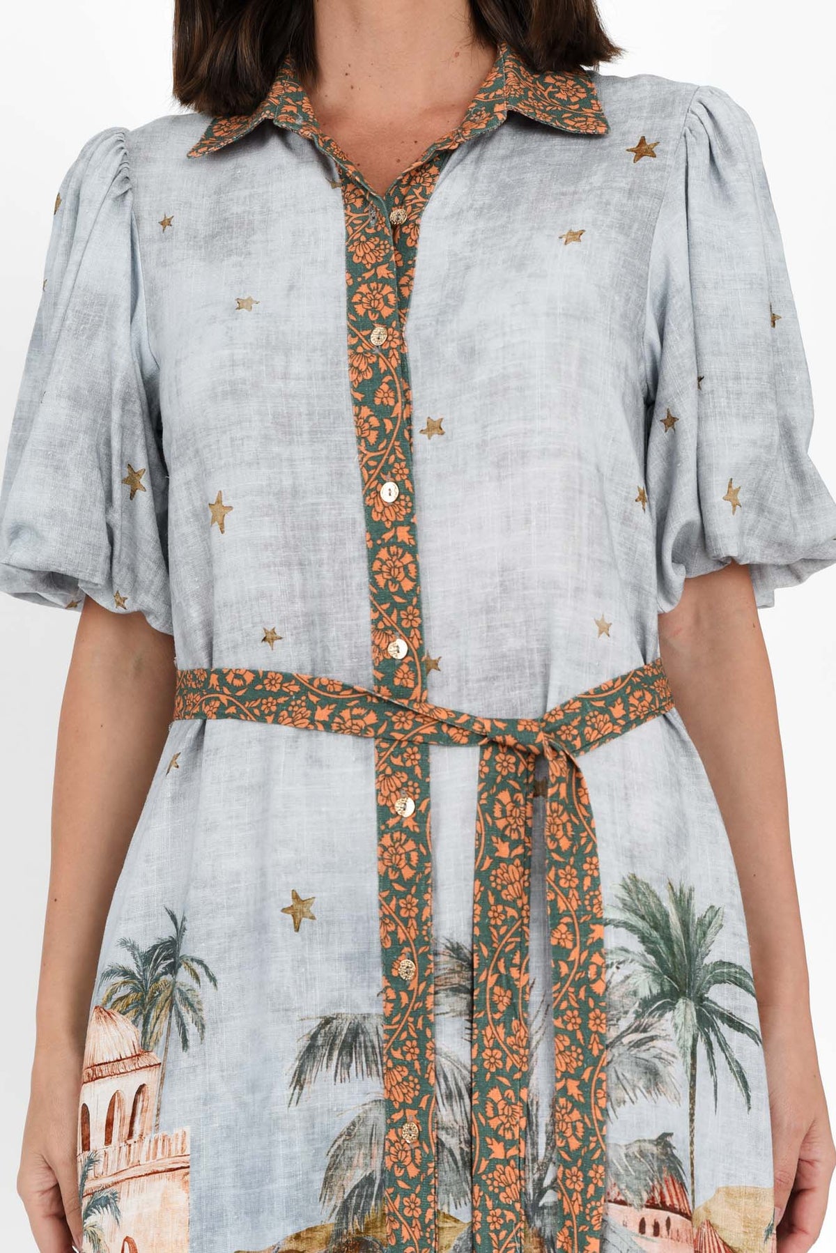 Piper Blue Palm Shirt Dress Detail View