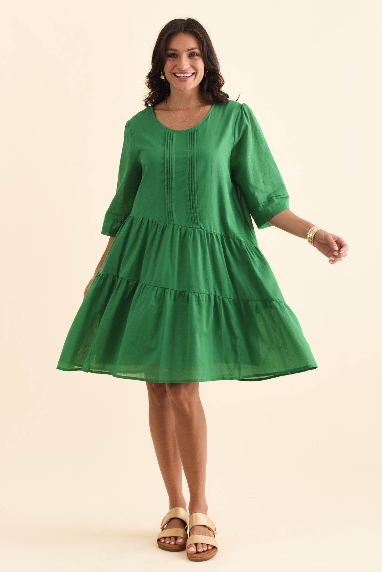 Portia Green Cotton Asymmetrical Dress Front View 2