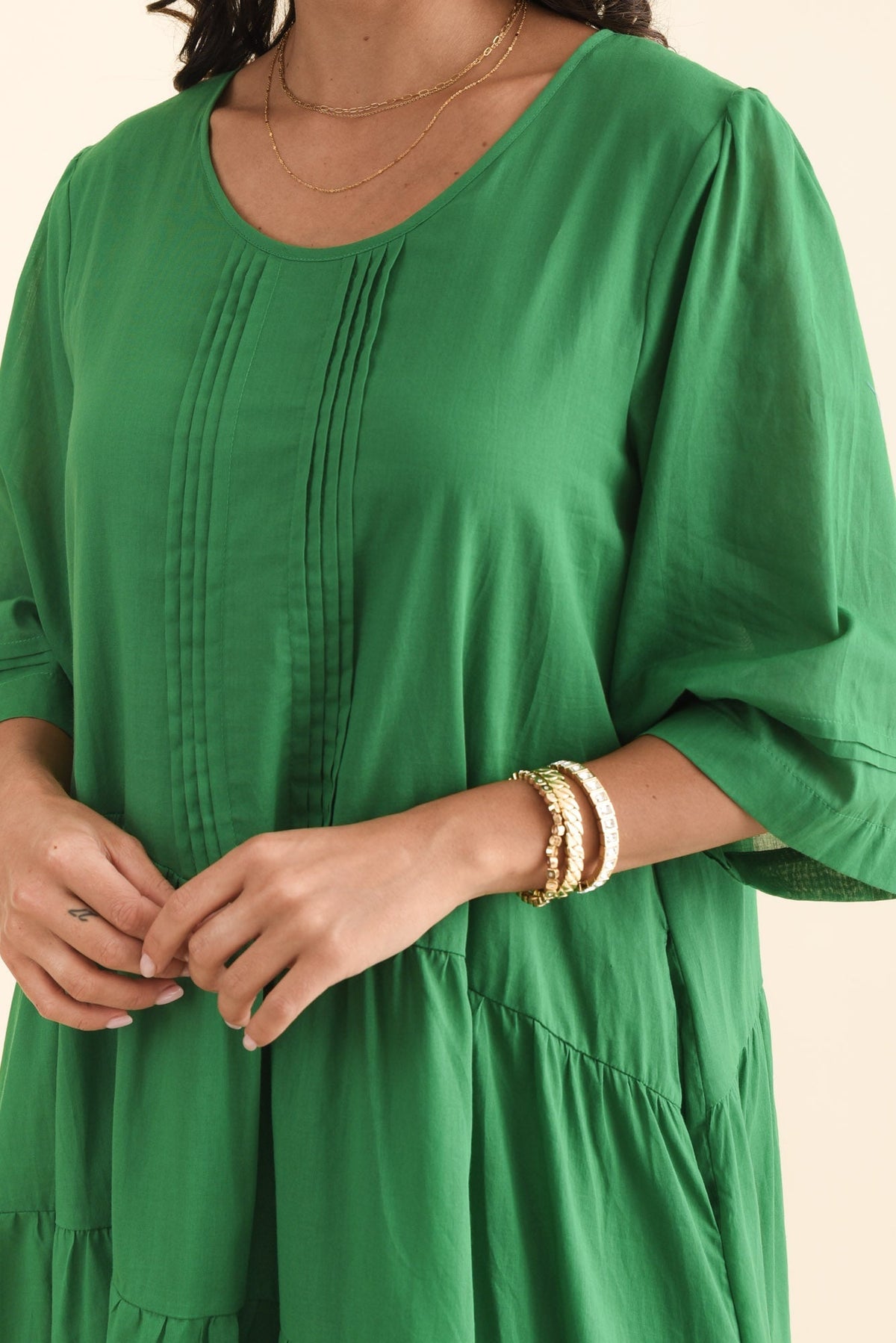 Portia Green Cotton Asymmetrical Dress Detail View