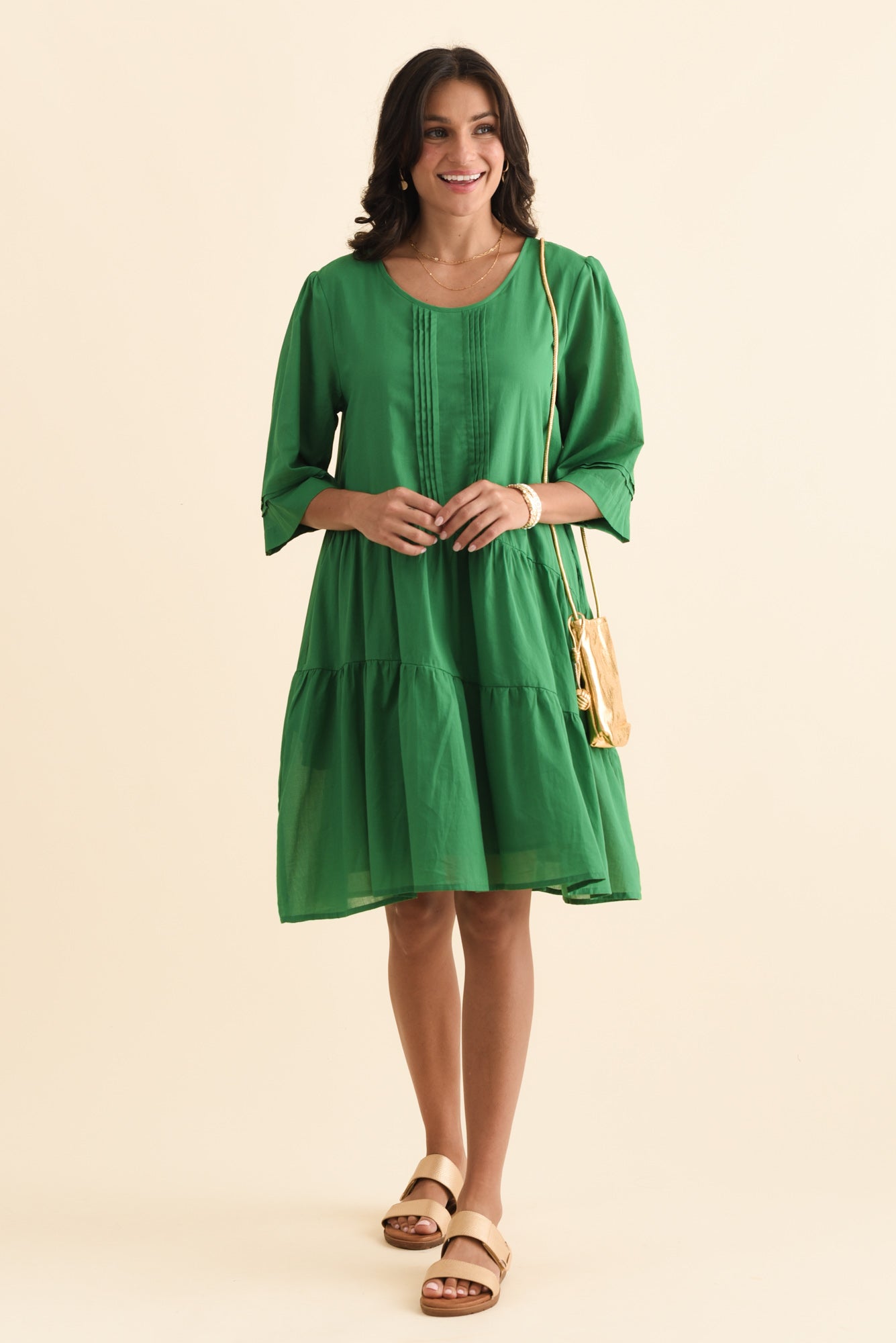 Portia Green Cotton Asymmetrical Dress Front View