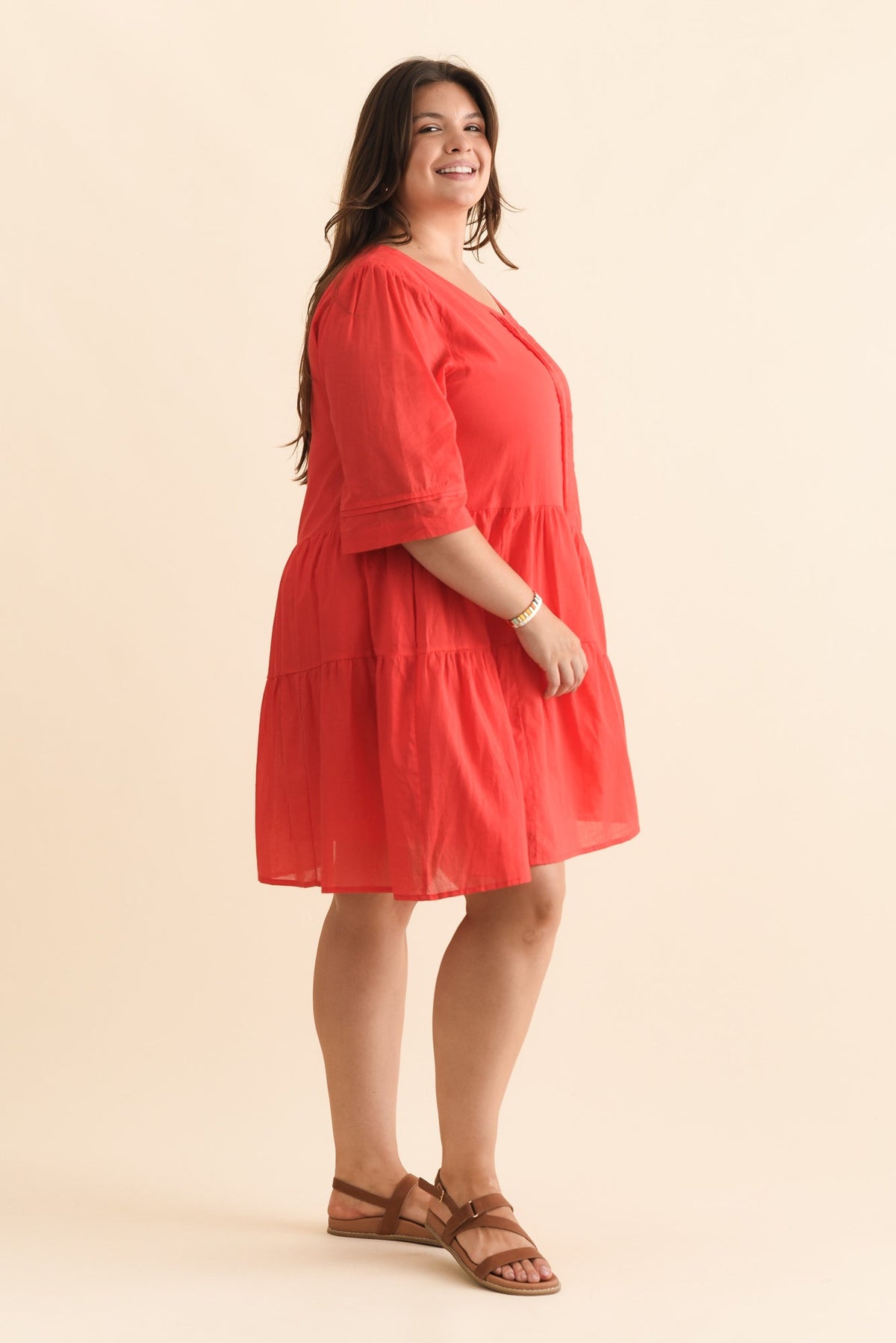 Portia Red Cotton Asymmetrical Dress Styled View 2