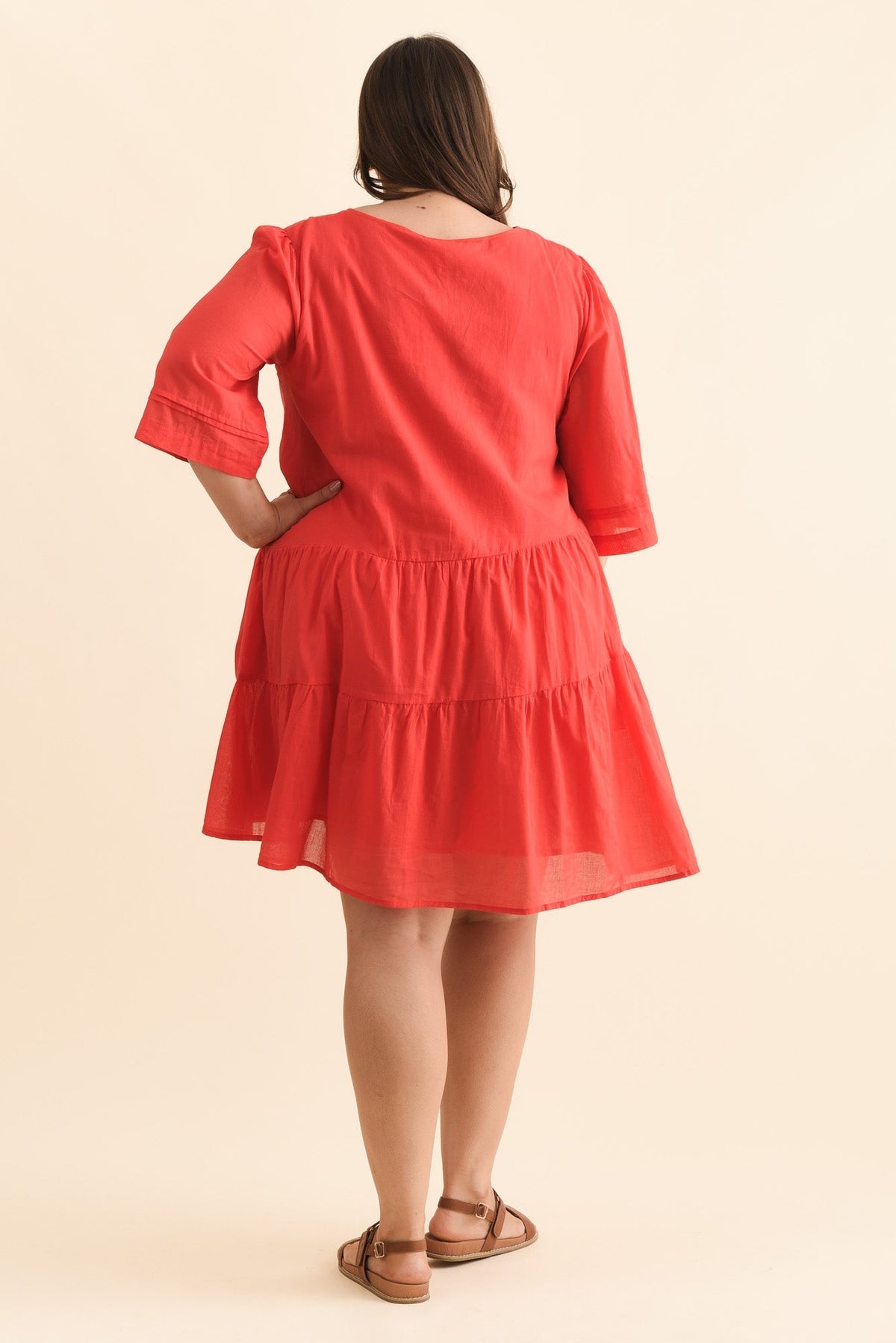 Portia Red Cotton Asymmetrical Dress Full Length View 2