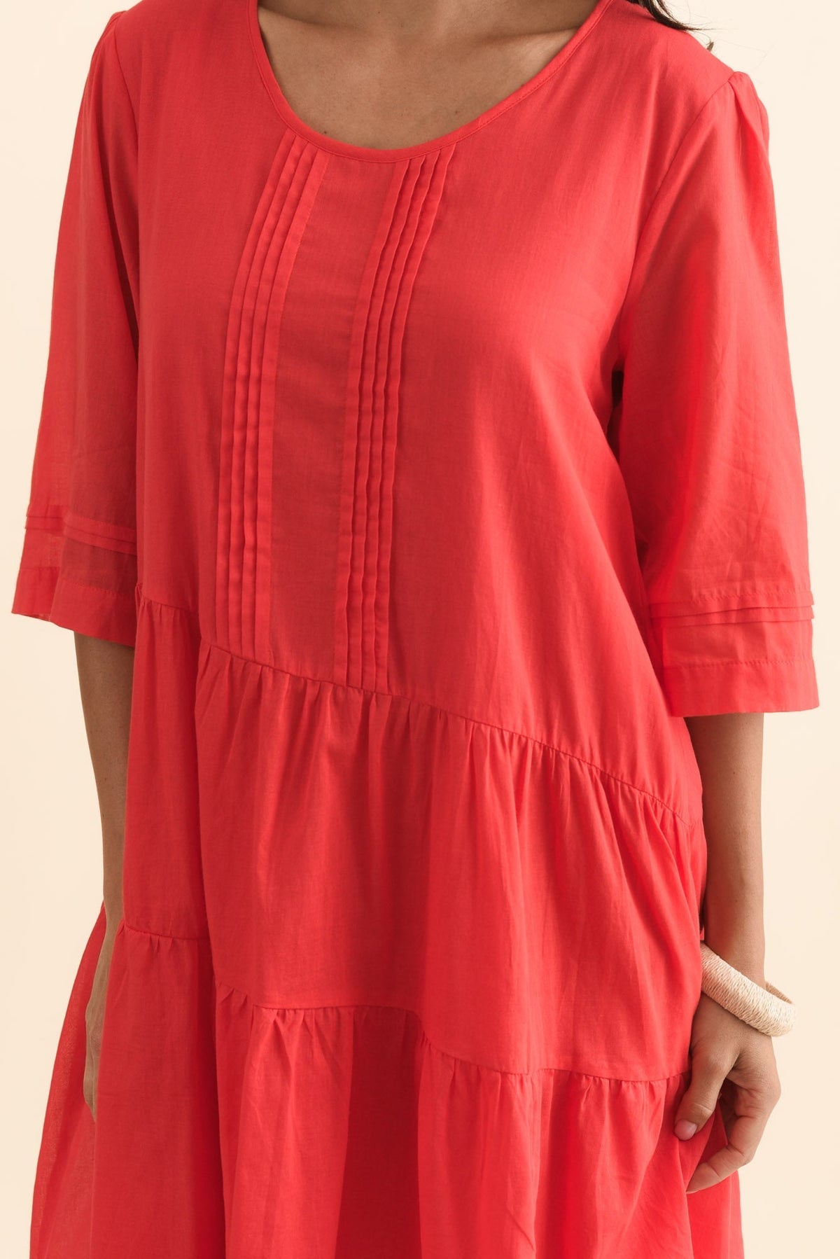 Portia Red Cotton Asymmetrical Dress Full Length View