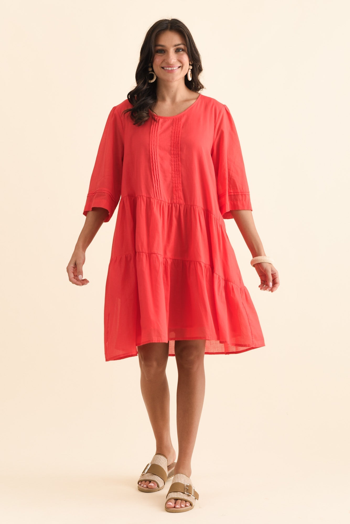 Portia Red Cotton Asymmetrical Dress Front View