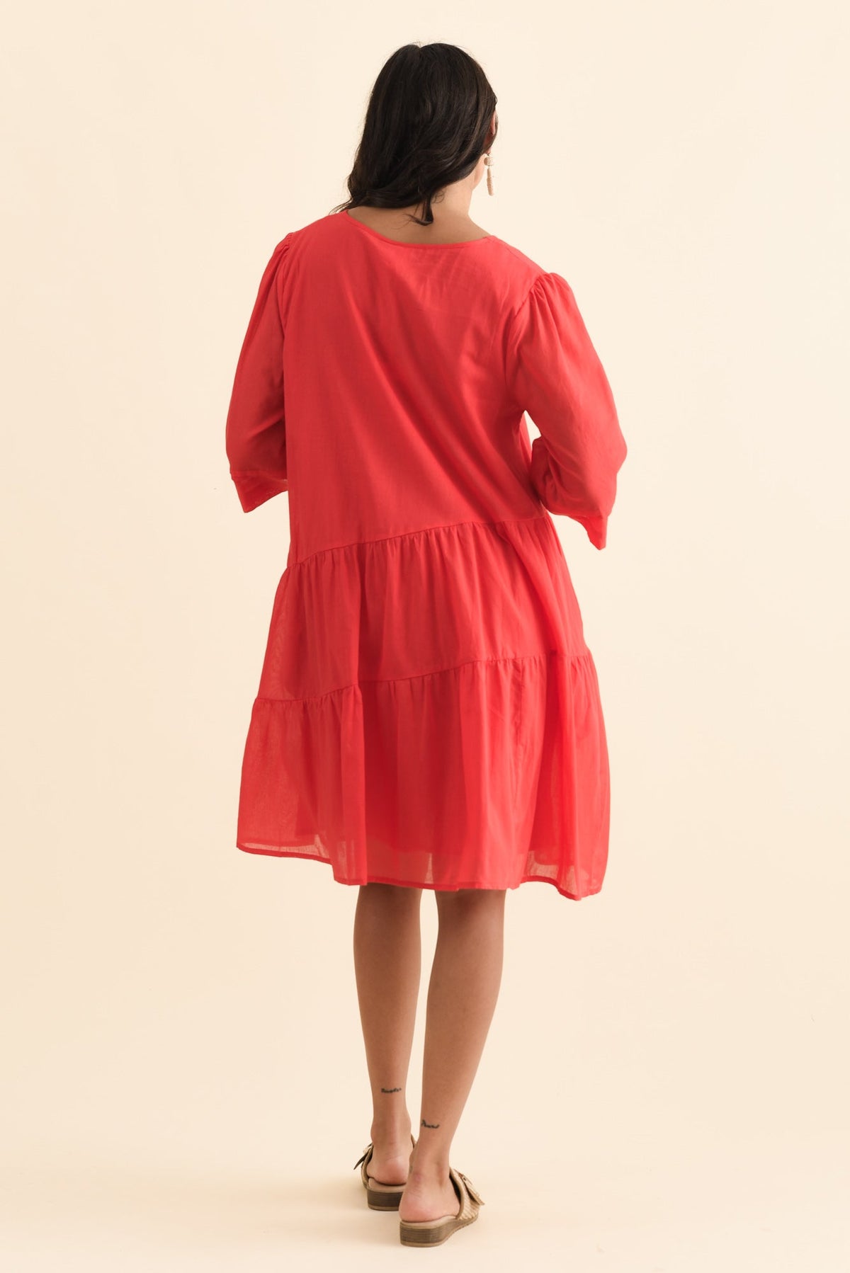 Portia Red Cotton Asymmetrical Dress Detail View