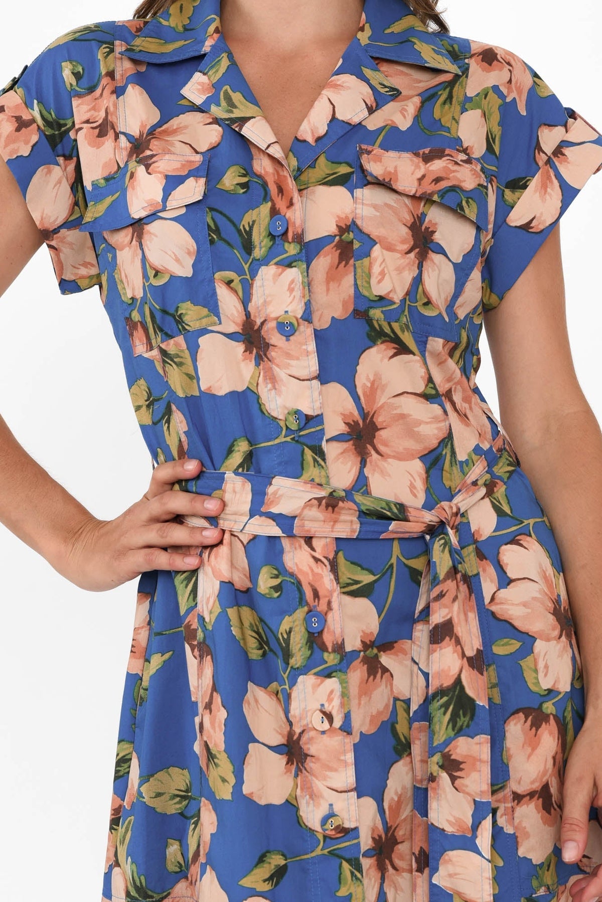 Porto Blue Floral Cotton Tie Dress Full Length View