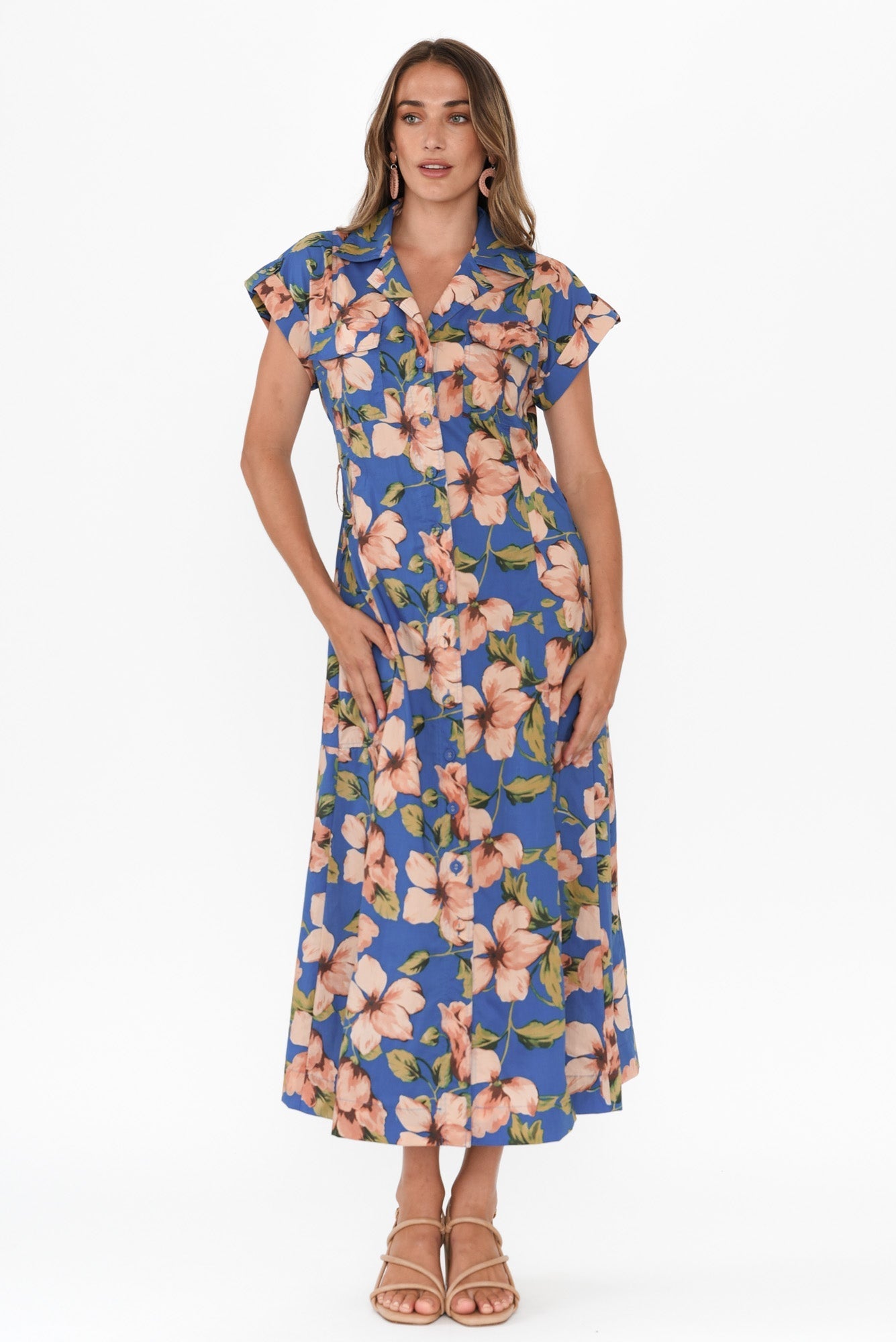 Porto Blue Floral Cotton Tie Dress Front View 2