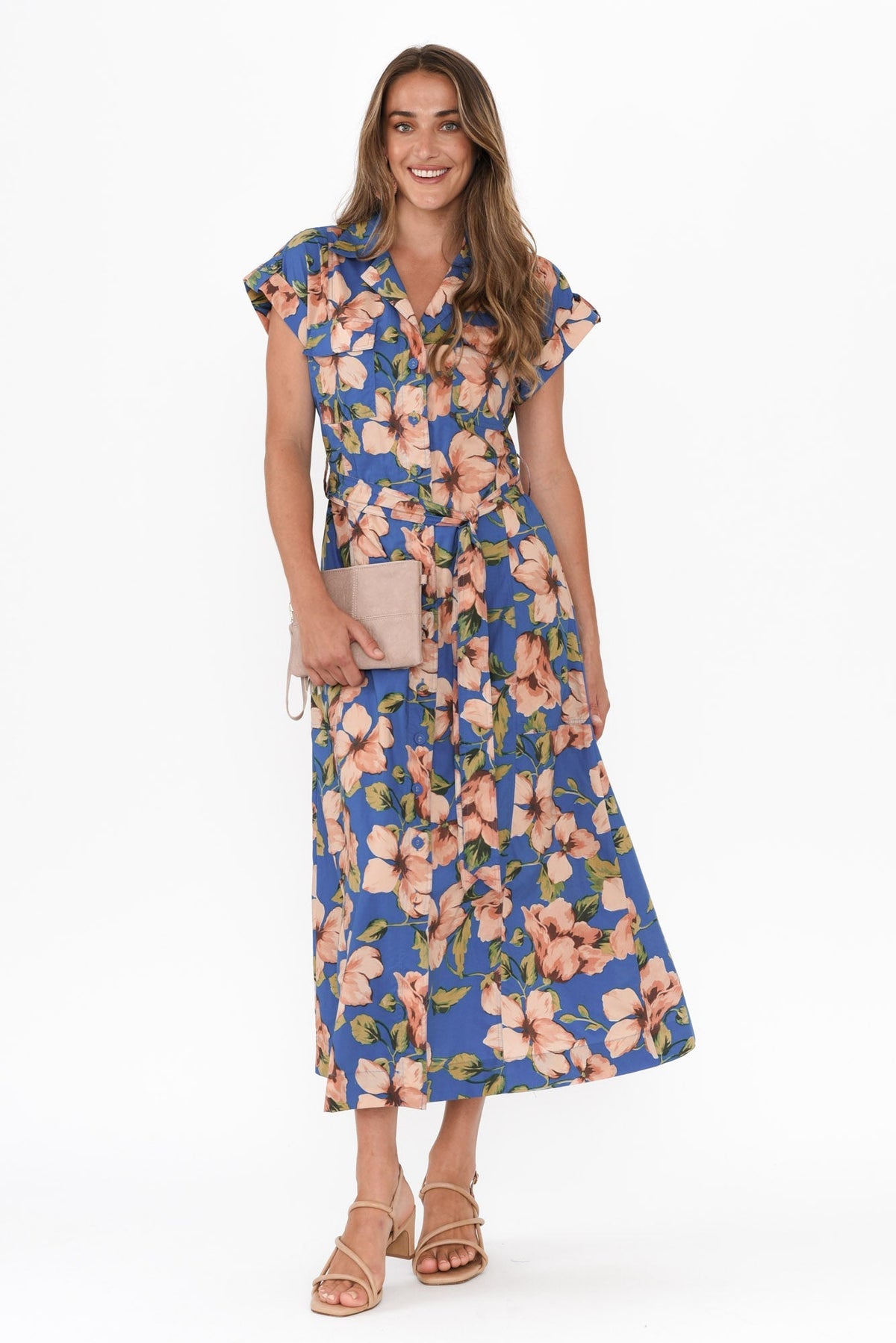 Porto Blue Floral Cotton Tie Dress Back View