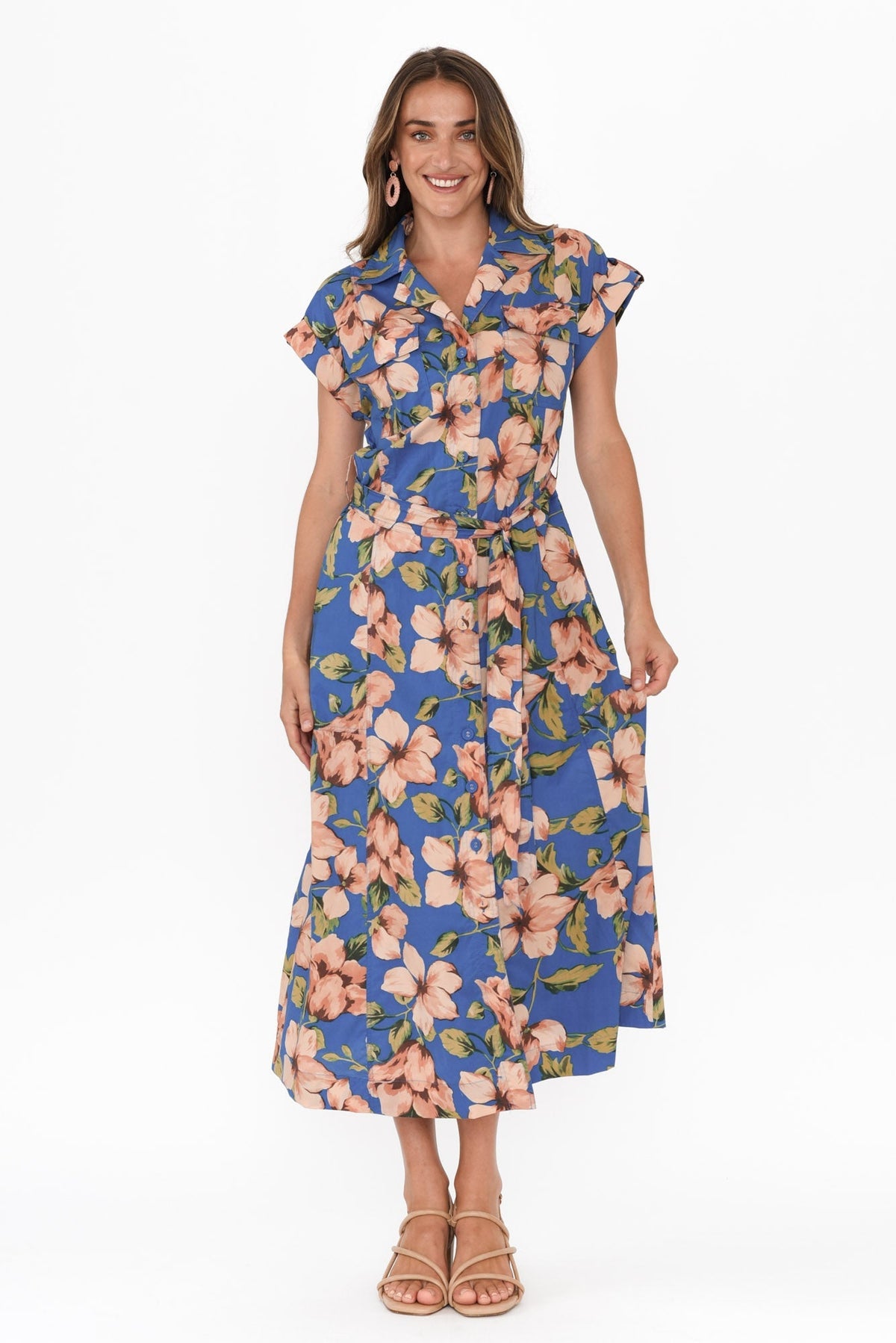 Porto Blue Floral Cotton Tie Dress Back View 2
