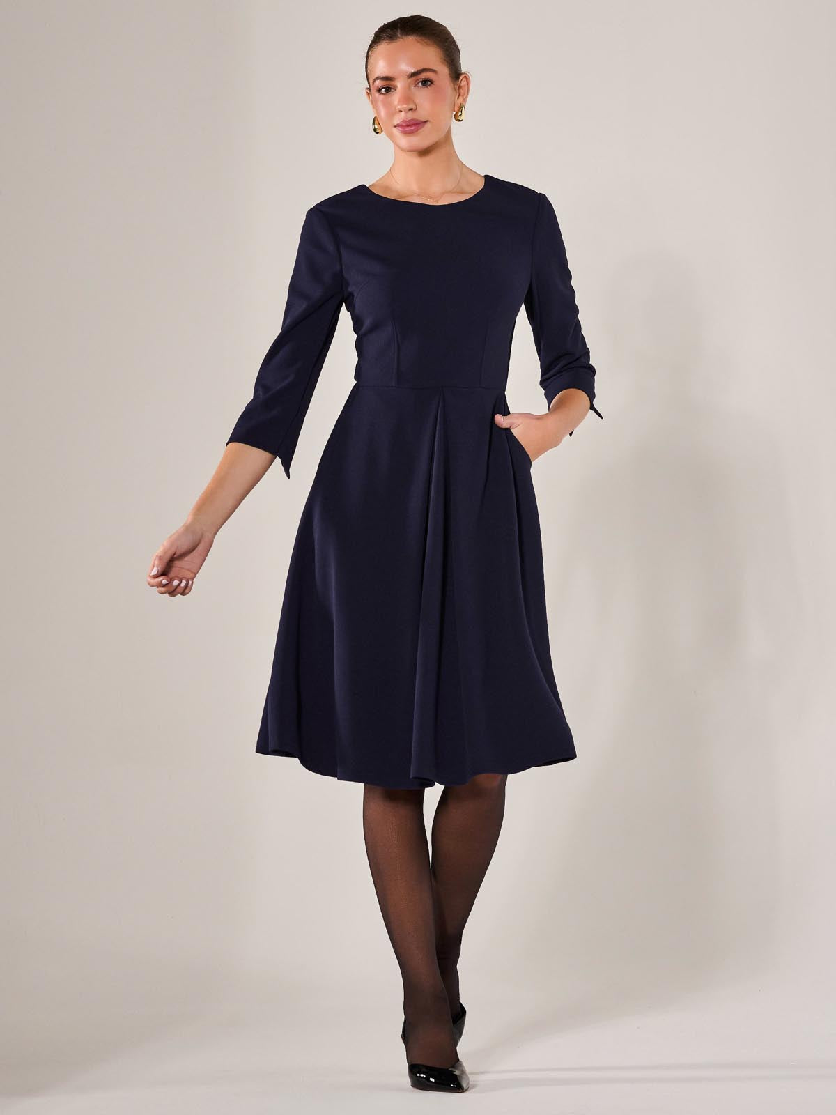 Round Neck 3/4 Sleeve Midi Dress Front View