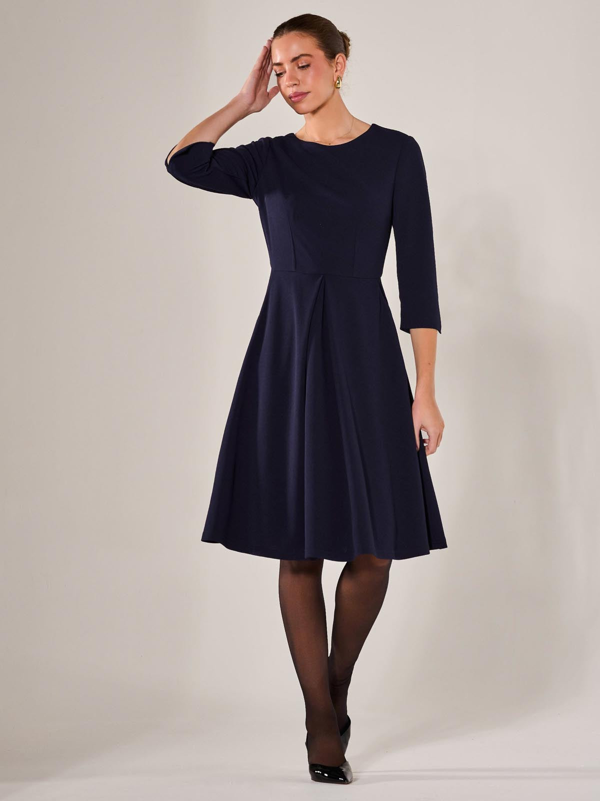 Round Neck 3/4 Sleeve Midi Dress Front View 2