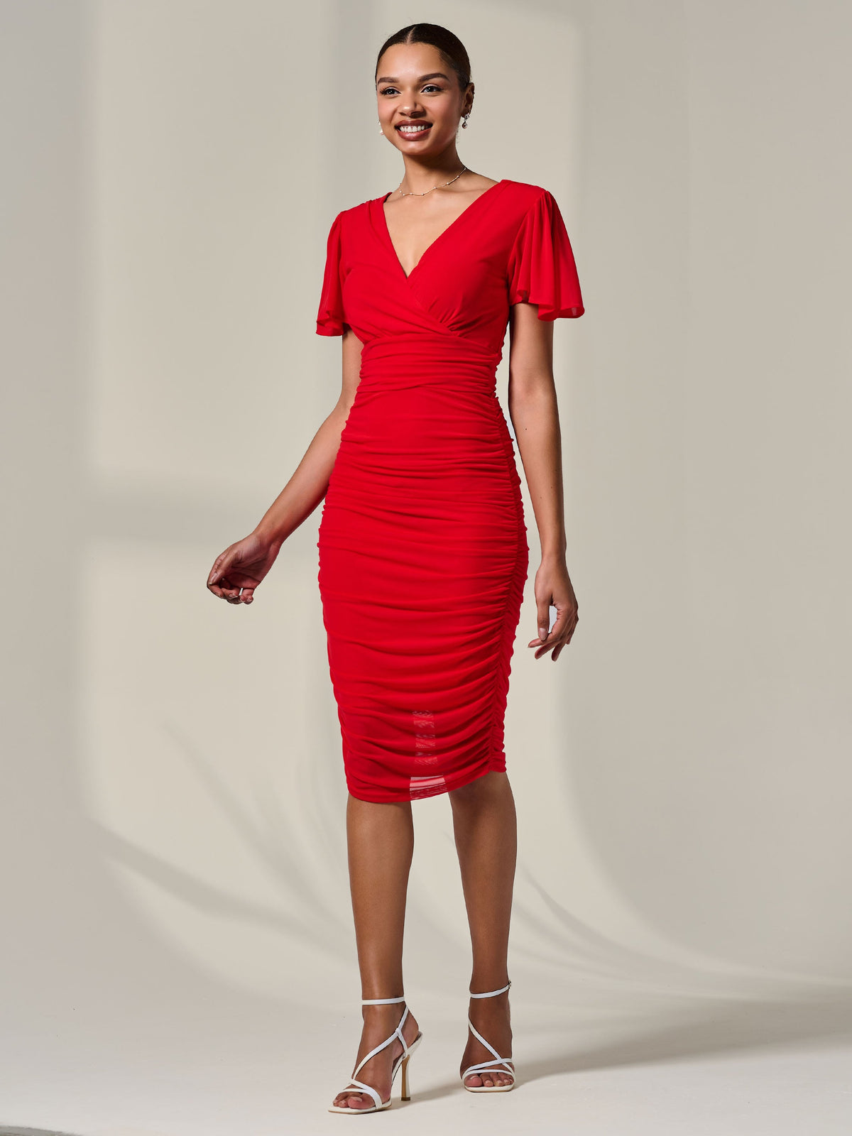 Ruched Mesh Bodycon Dress Full Length View