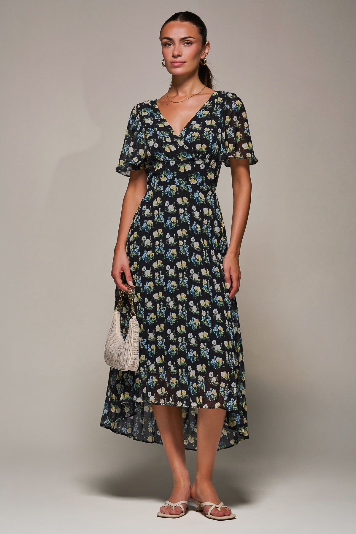 Floral Chiffon V Neck Midaxi Dress Black Floral Front View