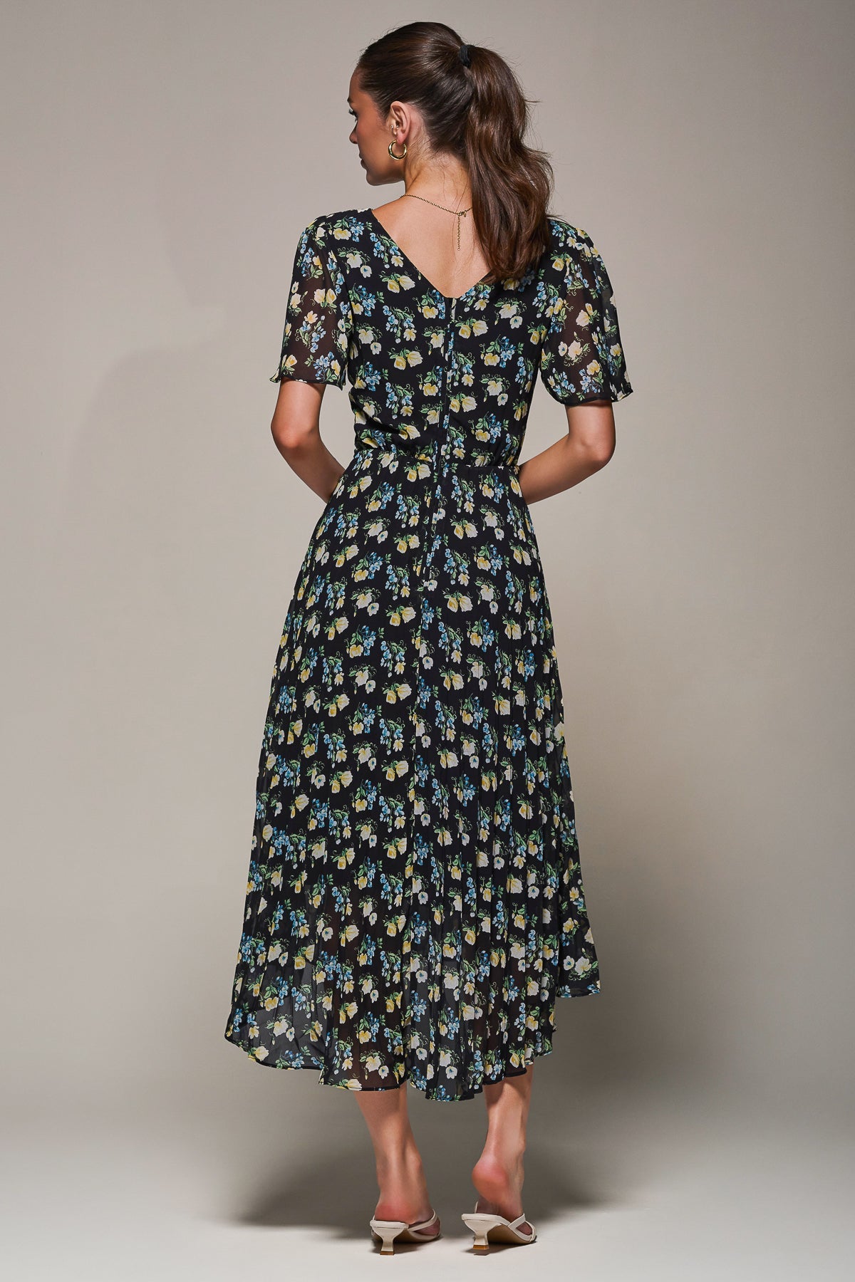 Floral Chiffon V Neck Midaxi Dress Black Floral Back View
