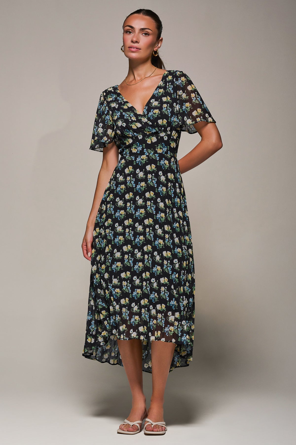 Floral Chiffon V Neck Midaxi Dress Black Floral Front View 2
