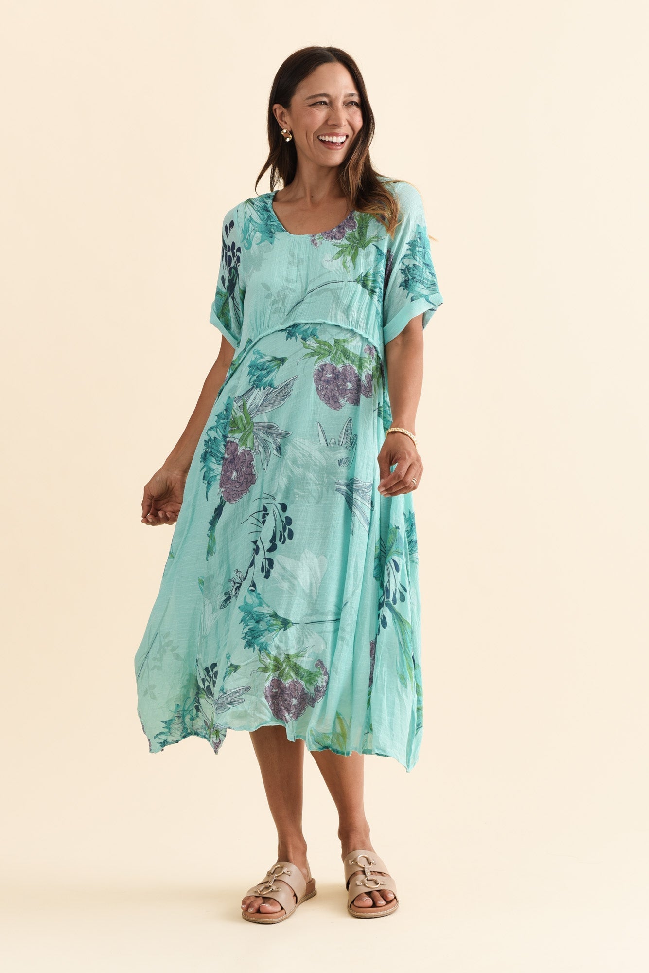 Ramona Blue Floral Cotton Blend Dress Full Length View