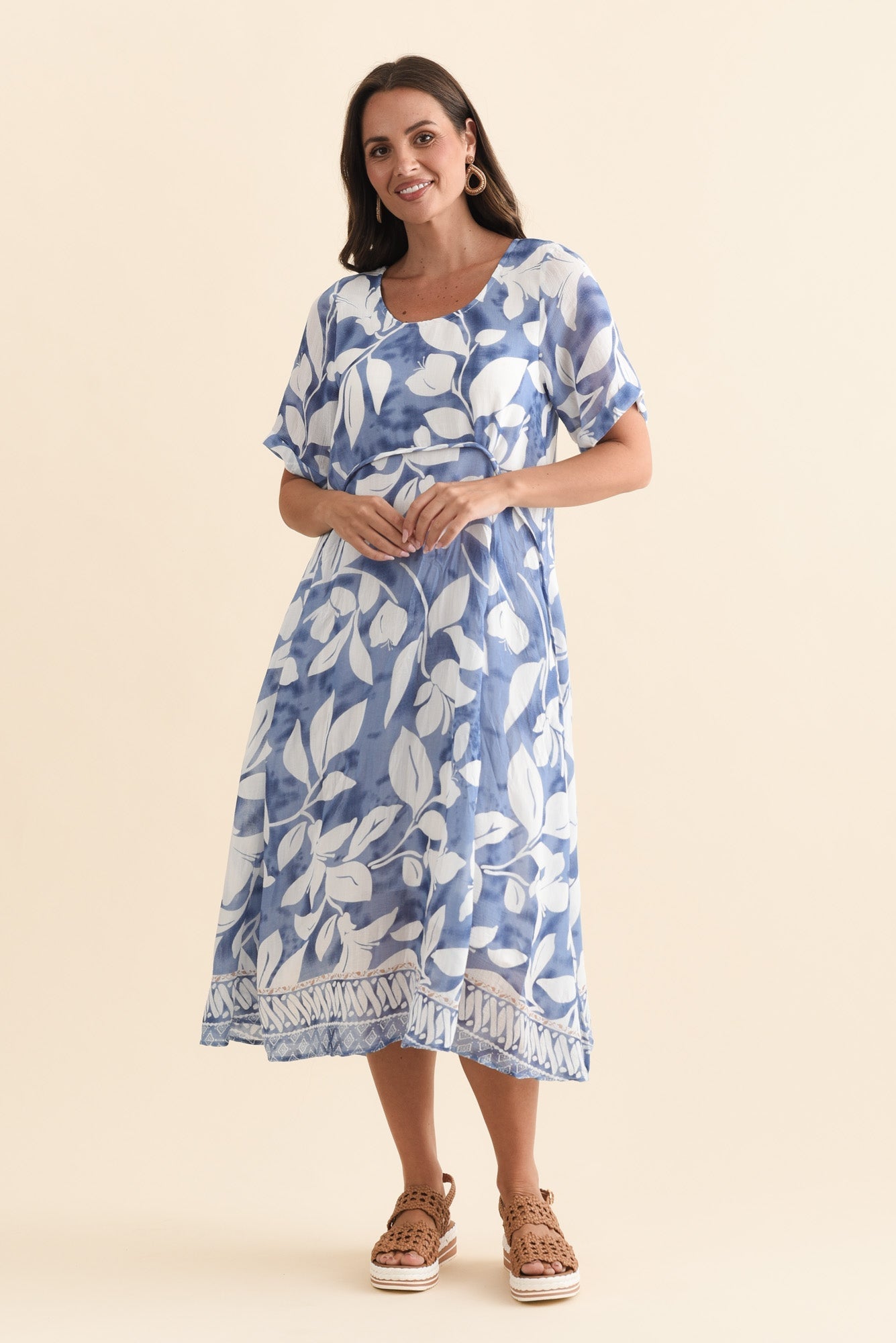 Ramona Blue Leaf Cotton Blend Dress Front View