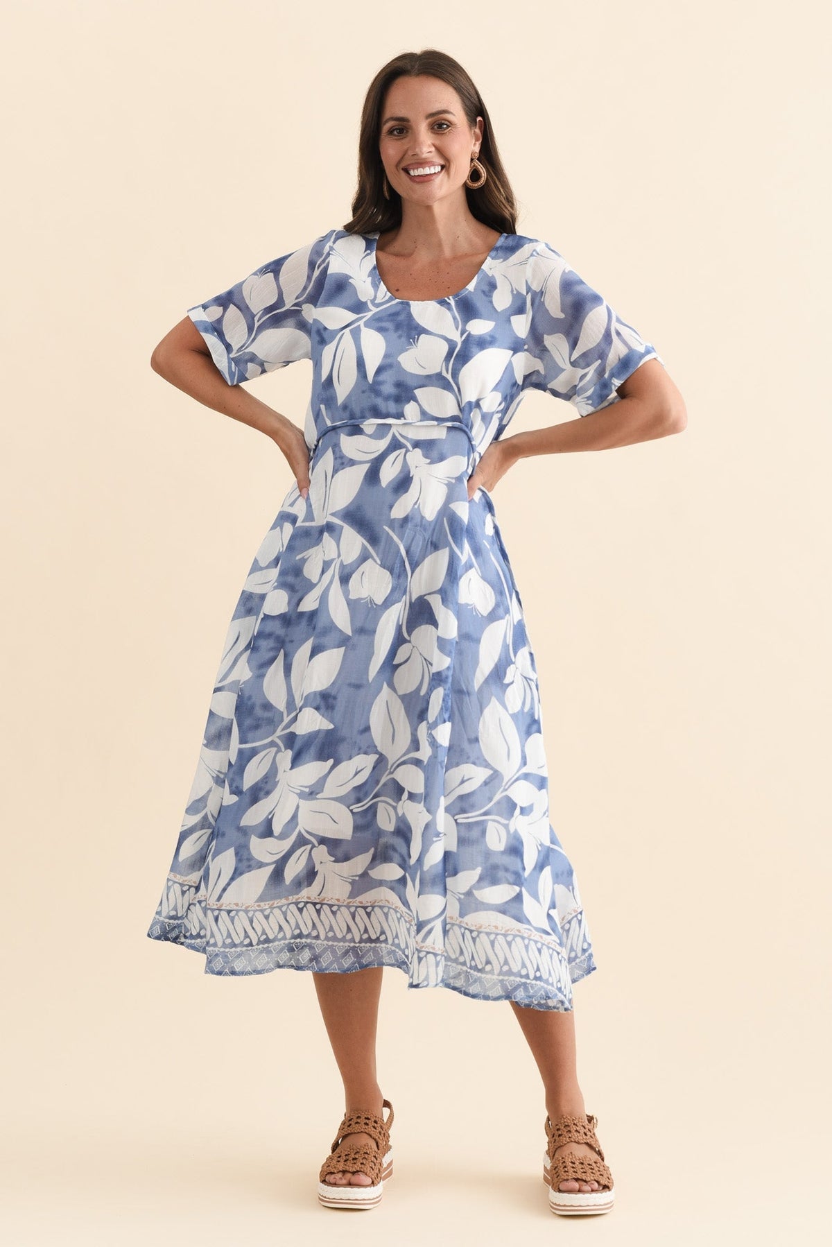 Ramona Blue Leaf Cotton Blend Dress Full Length View