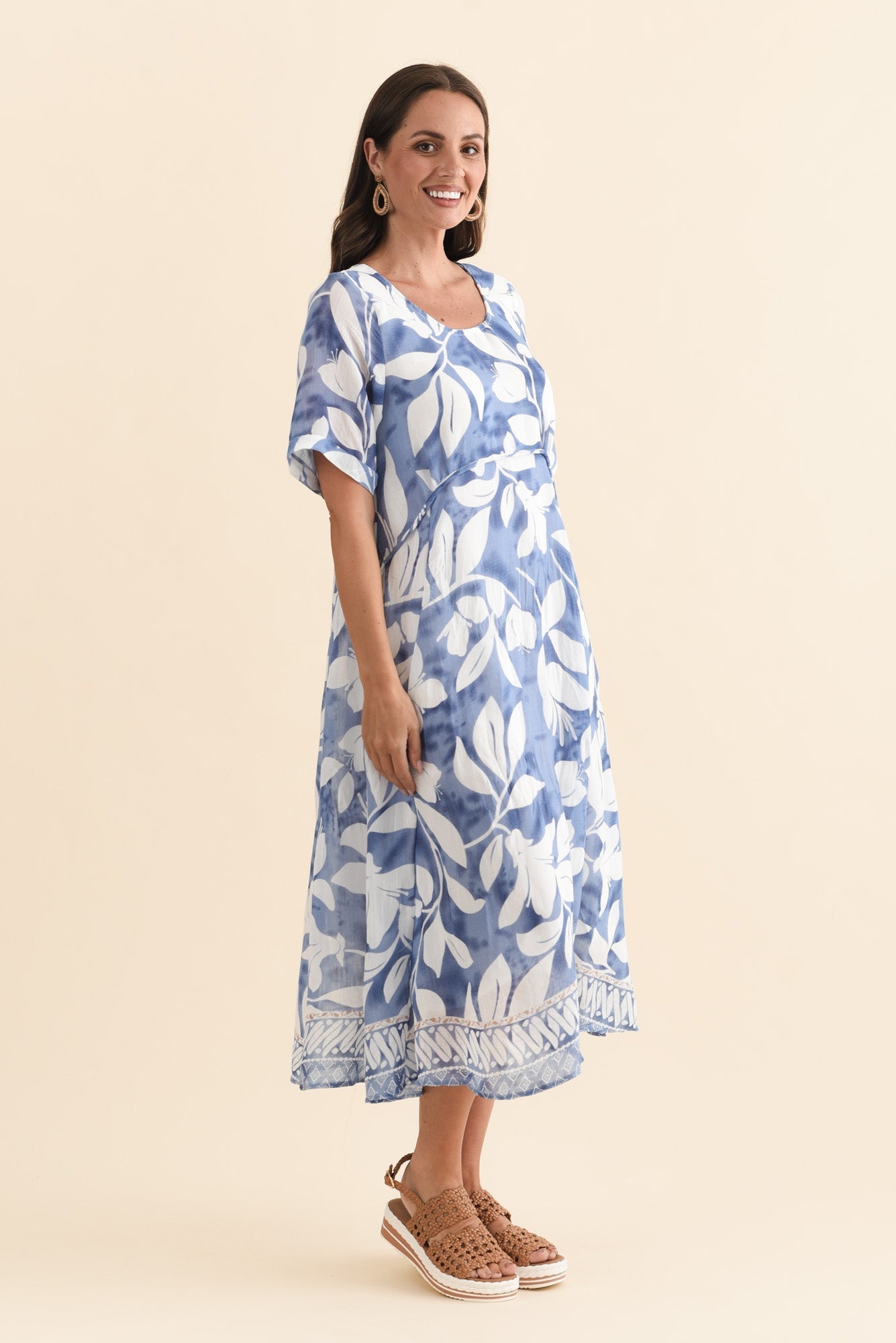 Ramona Blue Leaf Cotton Blend Dress Back View