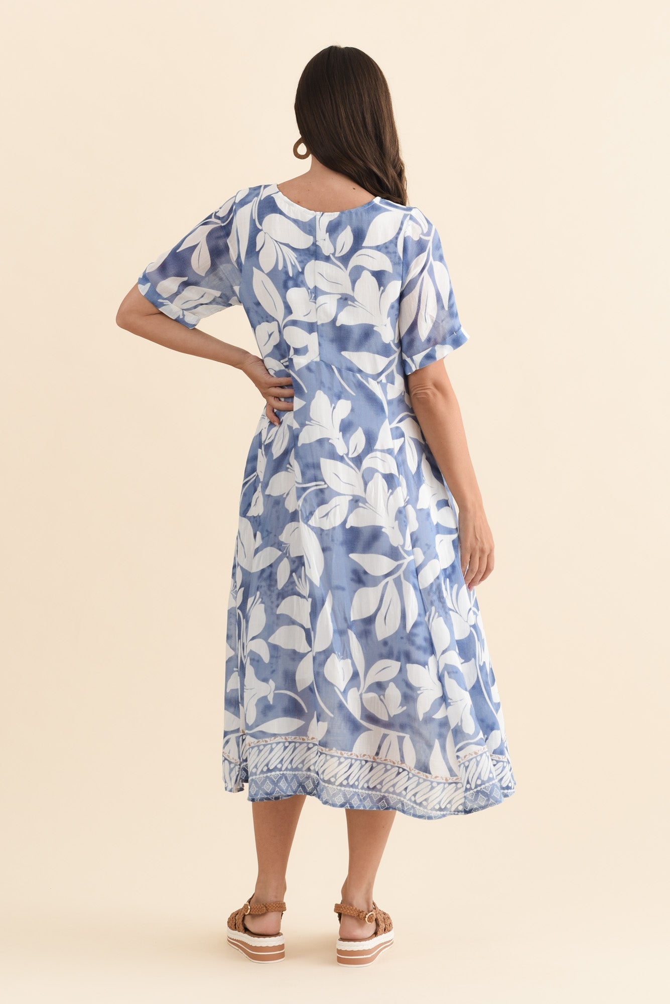 Ramona Blue Leaf Cotton Blend Dress Side View