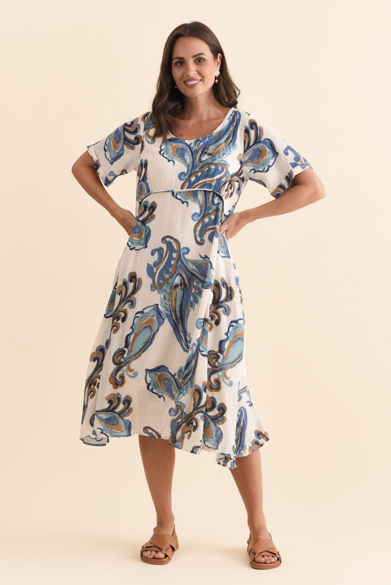 Ramona Cream Paisley Cotton Blend Dress Front View