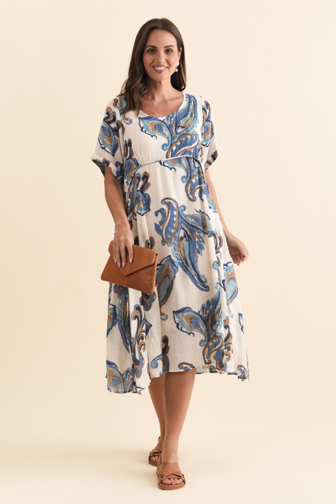 Ramona Cream Paisley Cotton Blend Dress Front View 2